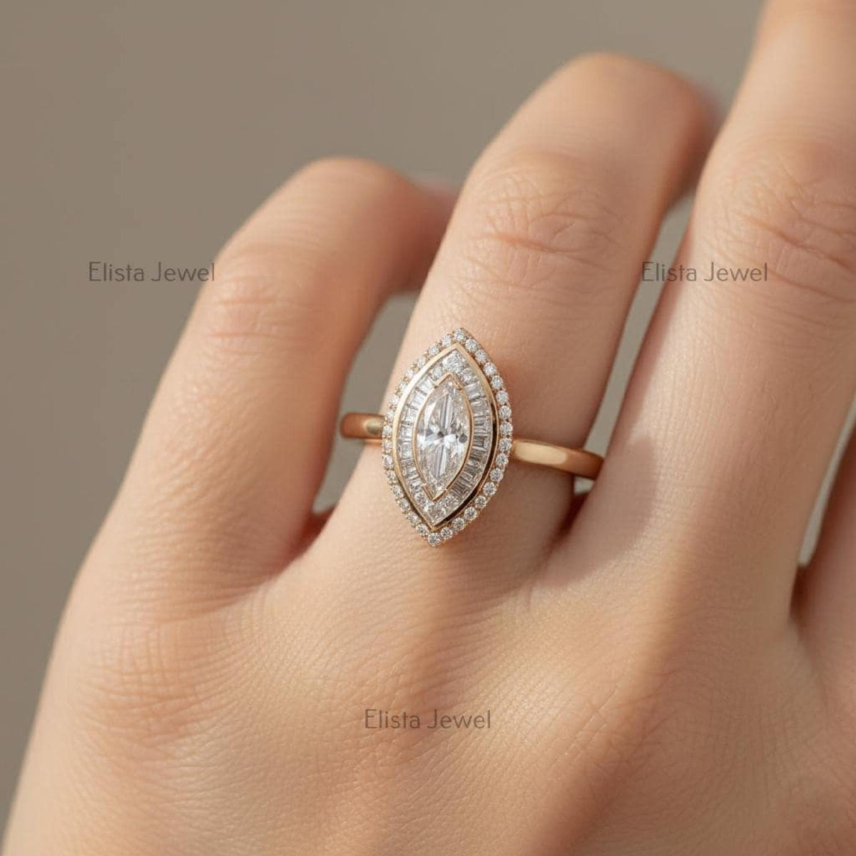 Marquise Lab-Grown Diamond Double Halo Ring, 10K Yellow Gold Art Deco Cocktail Statement