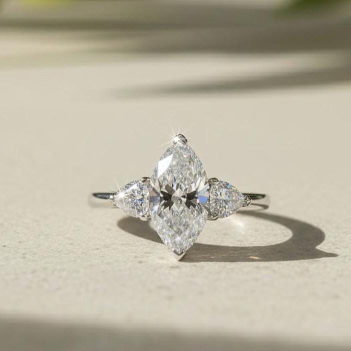Marquise Lab-Grown Diamond Engagement Ring, Pear Side Stones, 10K White Gold