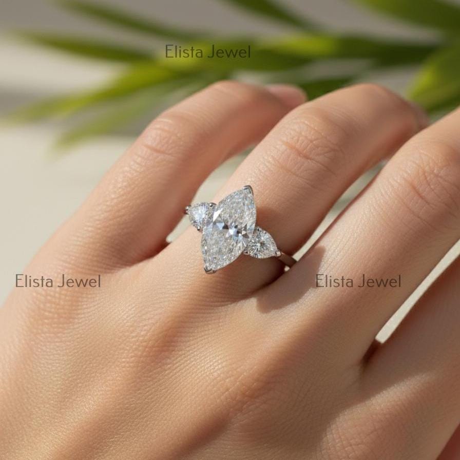 Marquise Lab-Grown Diamond Engagement Ring, Pear Side Stones, 10K White Gold