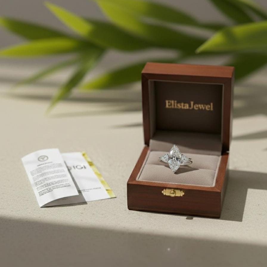 Marquise Lab-Grown Diamond Engagement Ring, Pear Side Stones, 10K White Gold