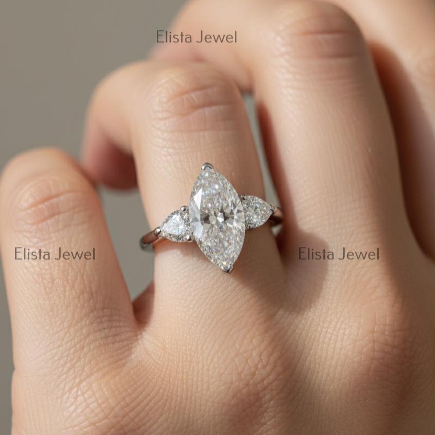 Marquise Lab-Grown Diamond Engagement Ring, Pear Side Stones, 10K White Gold