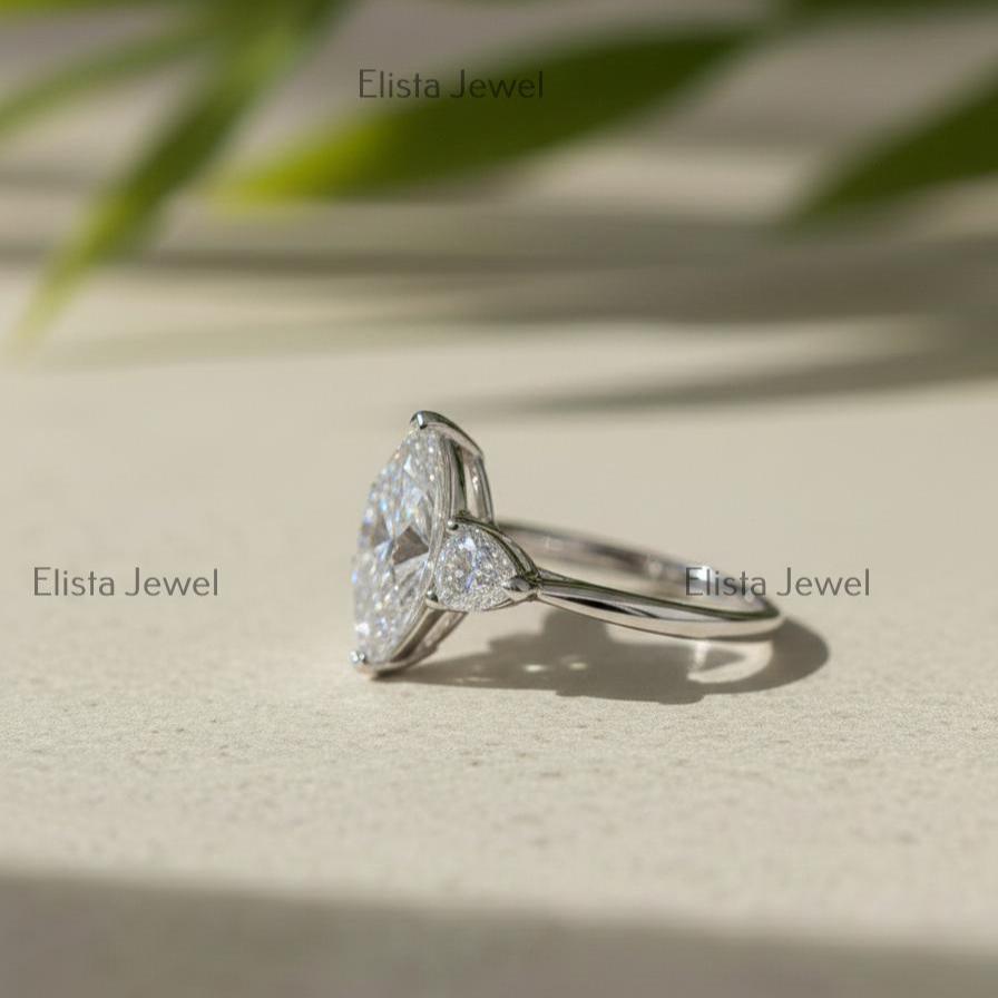 Marquise Lab-Grown Diamond Engagement Ring, Pear Side Stones, 10K White Gold