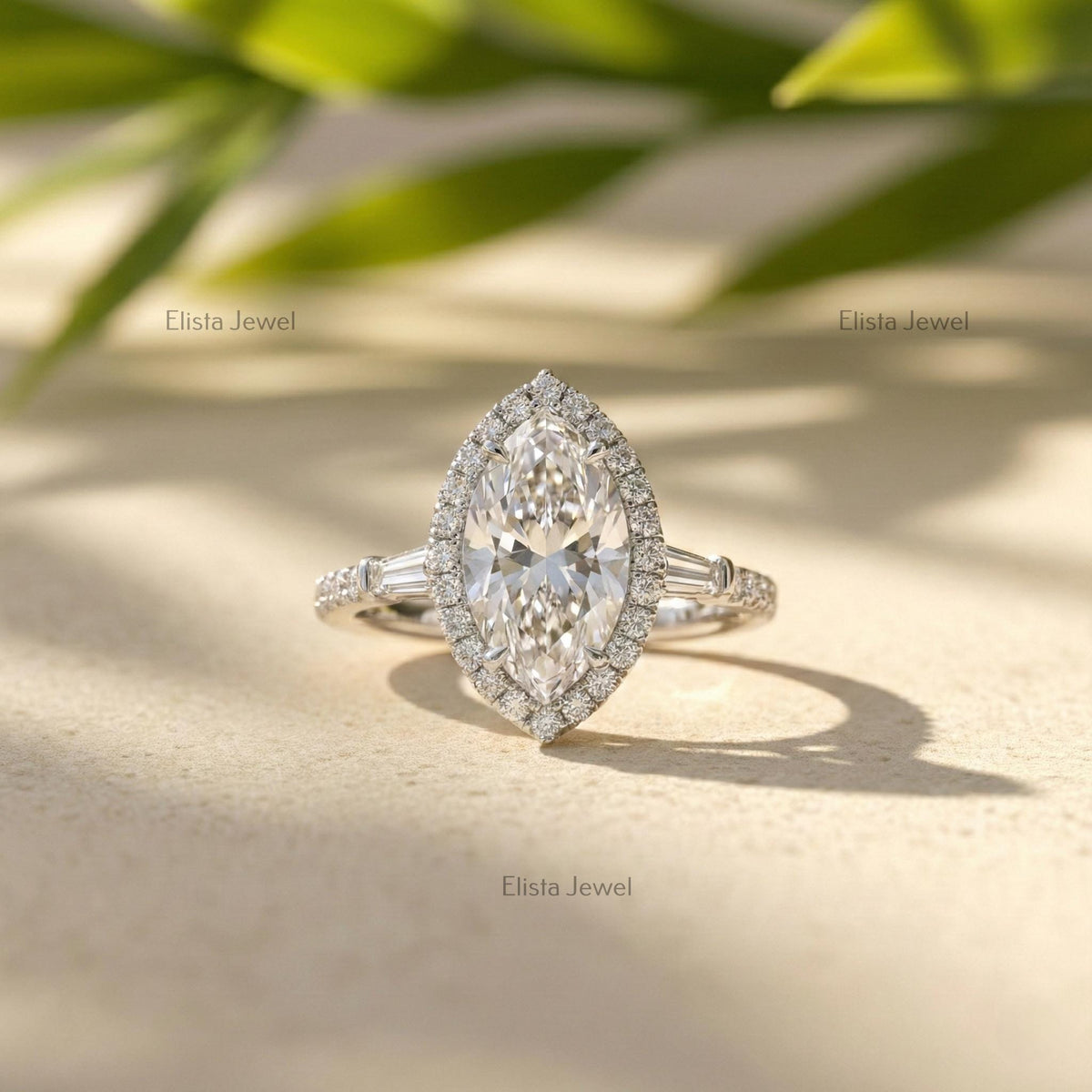 Marquise Lab Grown Diamond Halo Engagement Ring with Baguette Side Stones