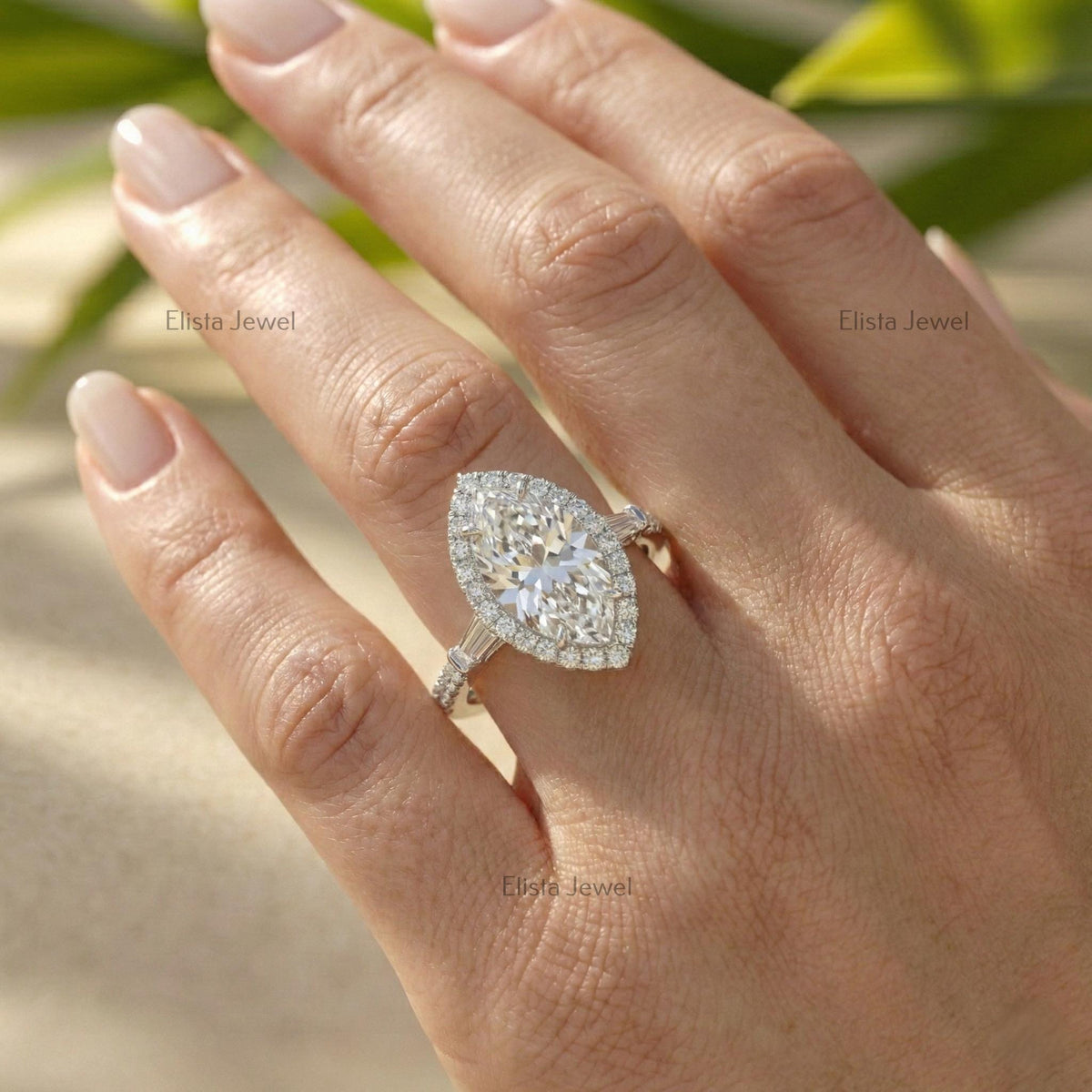 Marquise Lab Grown Diamond Halo Engagement Ring with Baguette Side Stones