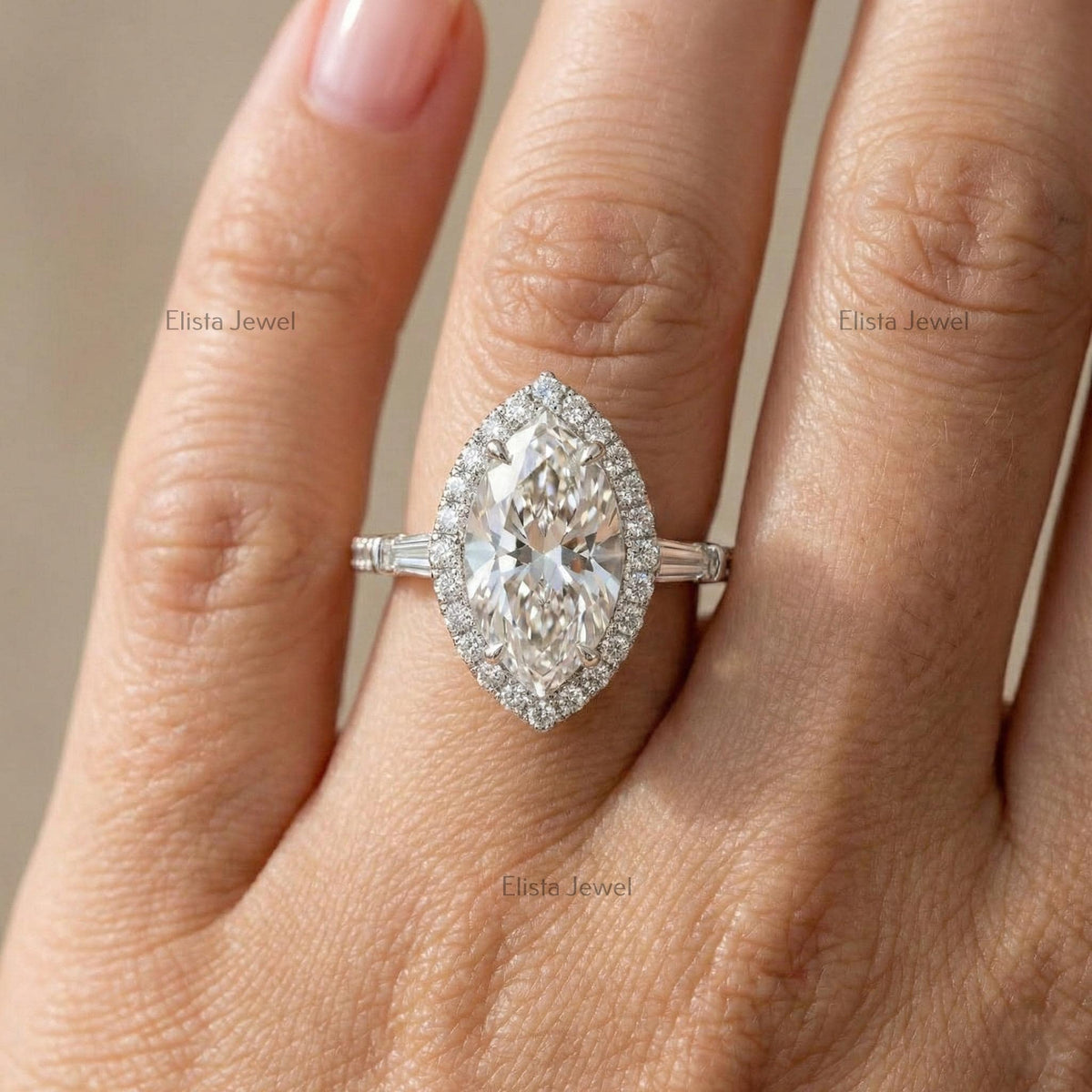 Marquise Lab Grown Diamond Halo Engagement Ring with Baguette Side Stones