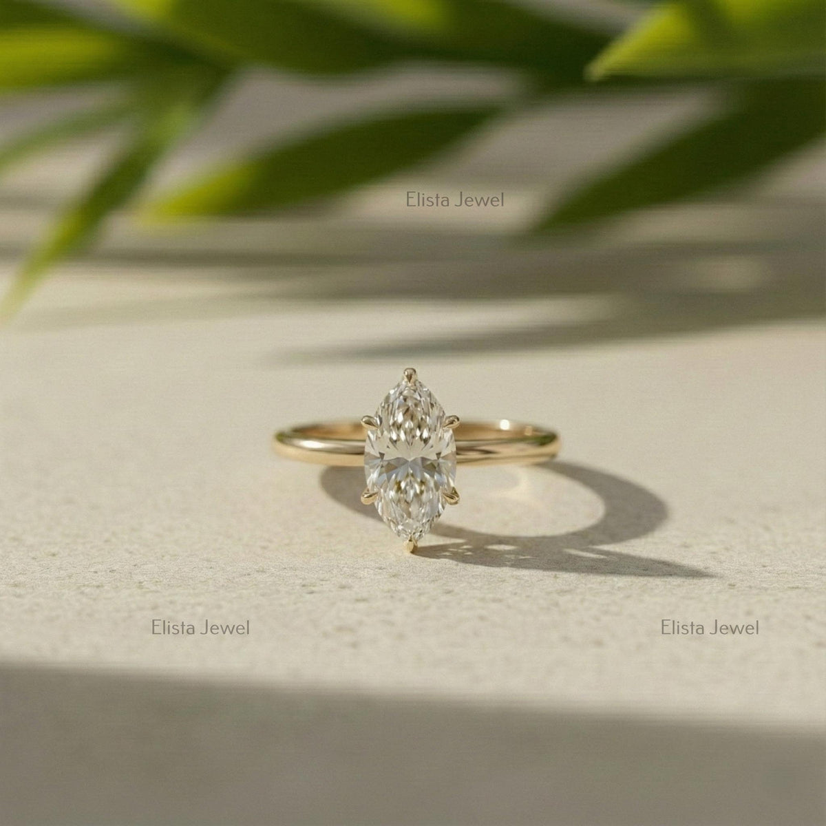 Marquise Lab Grown Diamond Solitaire Ring, Yellow Gold Botanical Setting