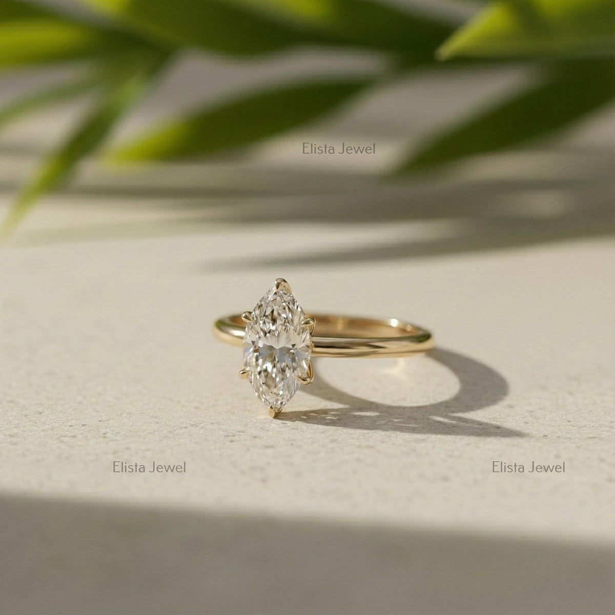 Marquise Lab Grown Diamond Solitaire Ring, Yellow Gold Botanical Setting