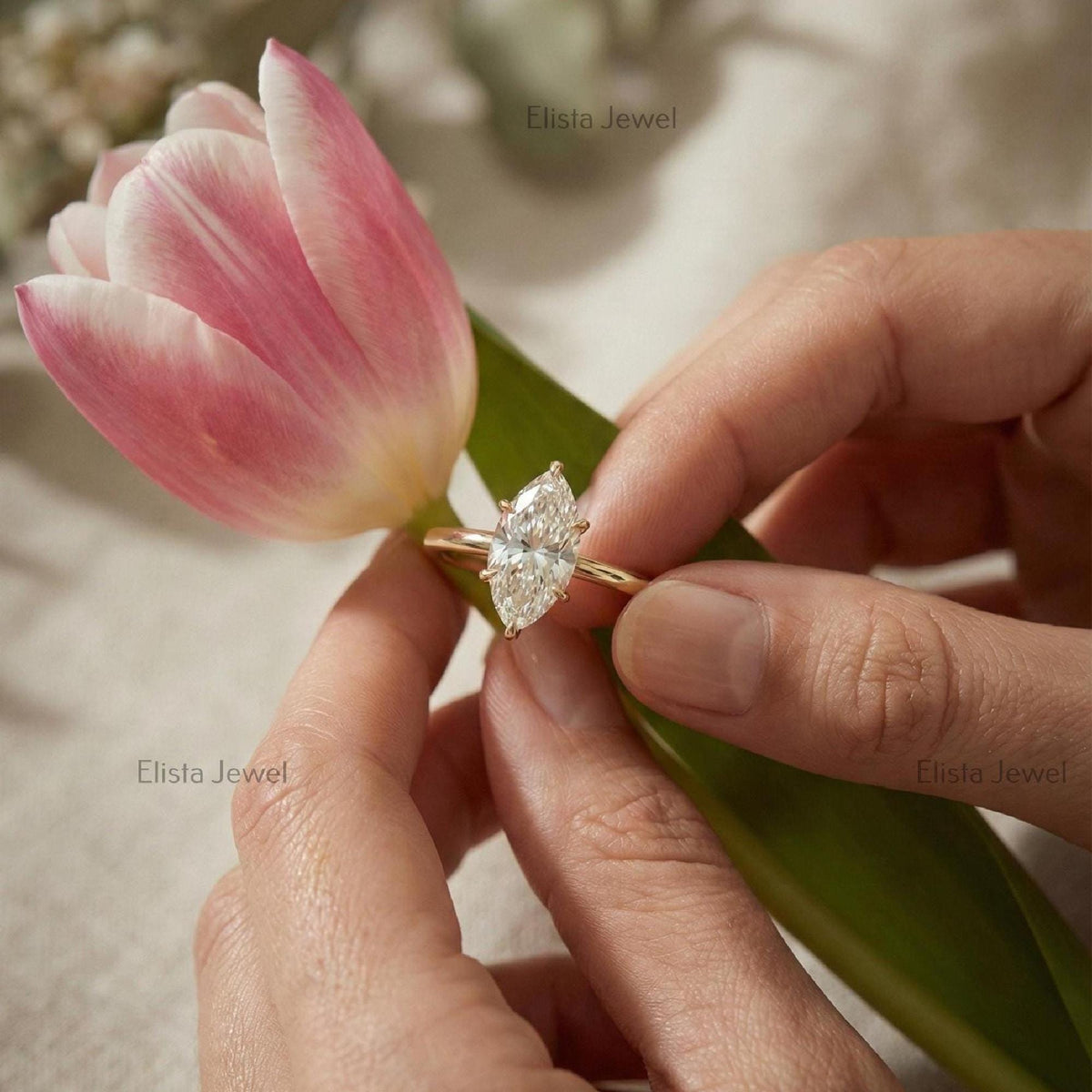 Marquise Lab Grown Diamond Solitaire Ring, Yellow Gold Botanical Setting