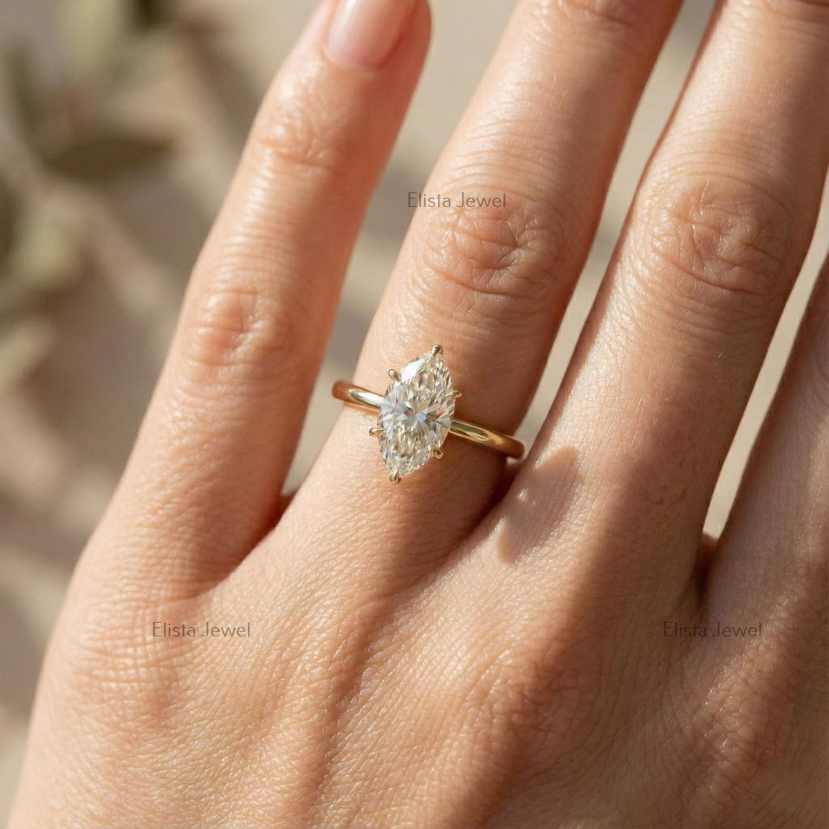Marquise Lab Grown Diamond Solitaire Ring, Yellow Gold Botanical Setting