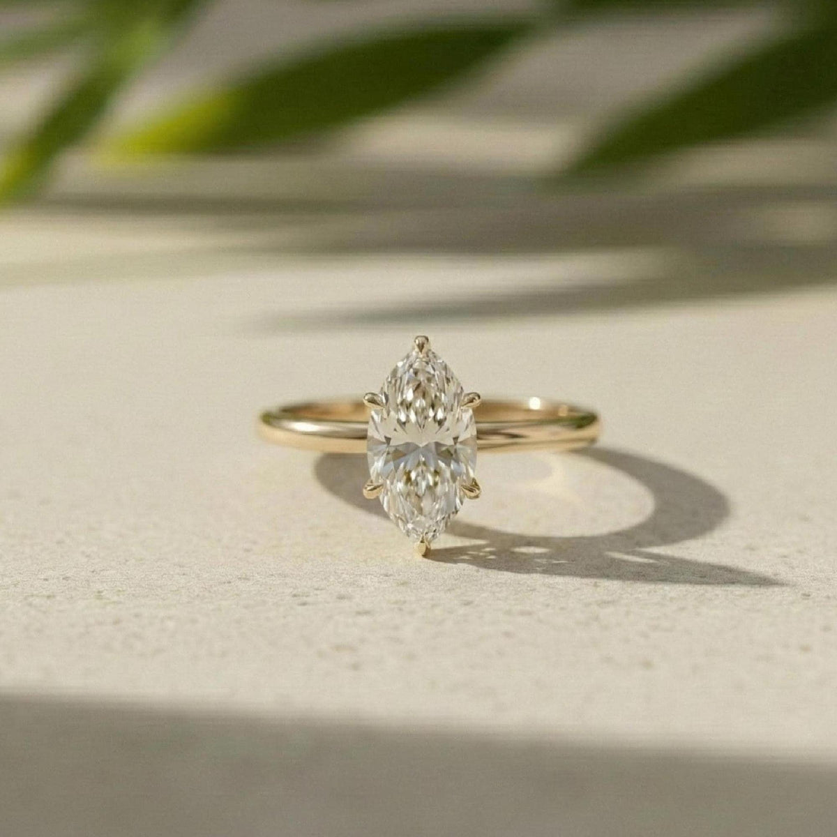 Marquise Lab Grown Diamond Solitaire Ring, Yellow Gold Botanical Setting