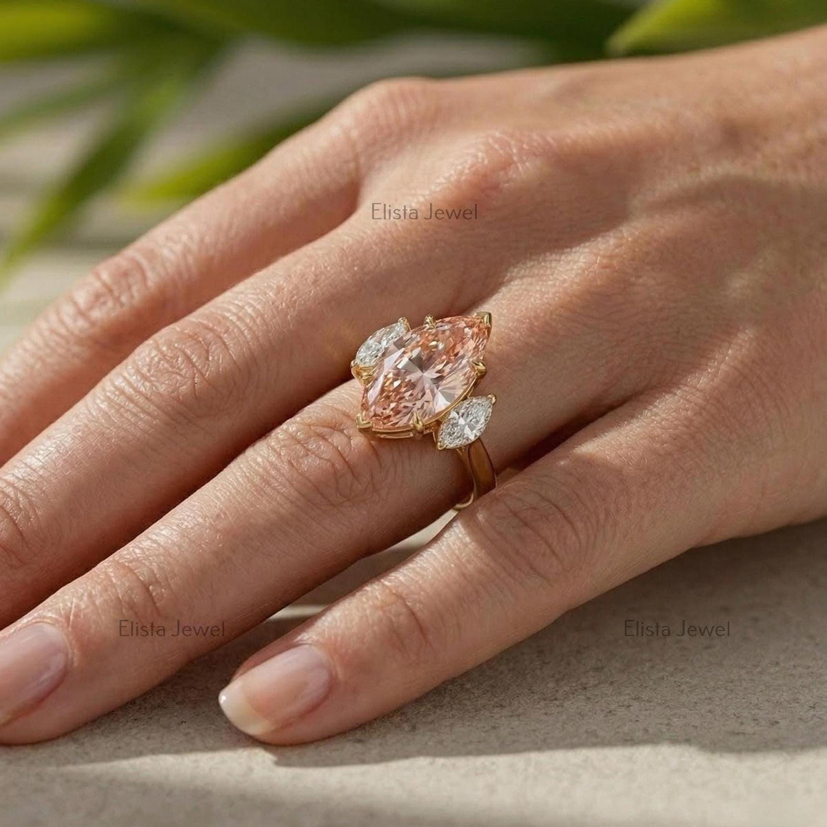 Marquise Lab Grown Diamond Three Stone Ring, Peach-Pink, Yellow Gold, IGI Certified