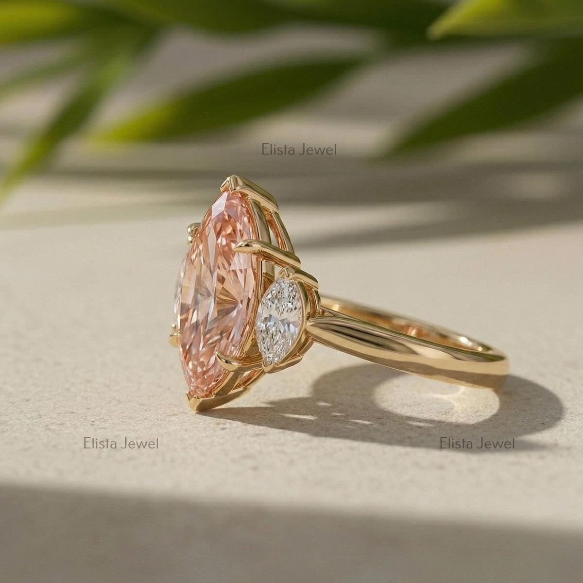 Marquise Lab Grown Diamond Three Stone Ring, Peach-Pink, Yellow Gold, IGI Certified