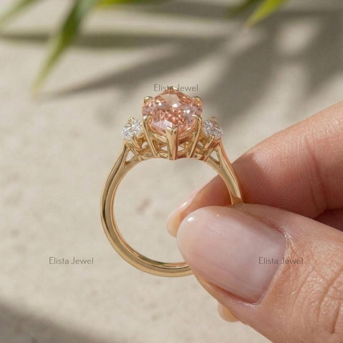 Marquise Lab Grown Diamond Three Stone Ring, Peach-Pink, Yellow Gold, IGI Certified