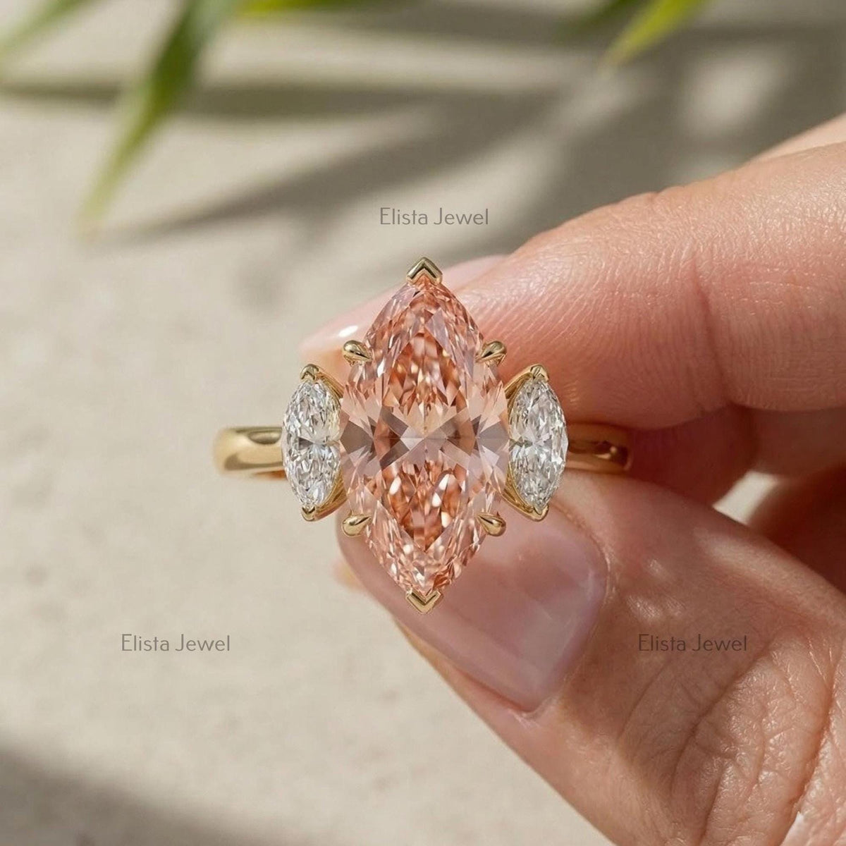 Marquise Lab Grown Diamond Three Stone Ring, Peach-Pink, Yellow Gold, IGI Certified