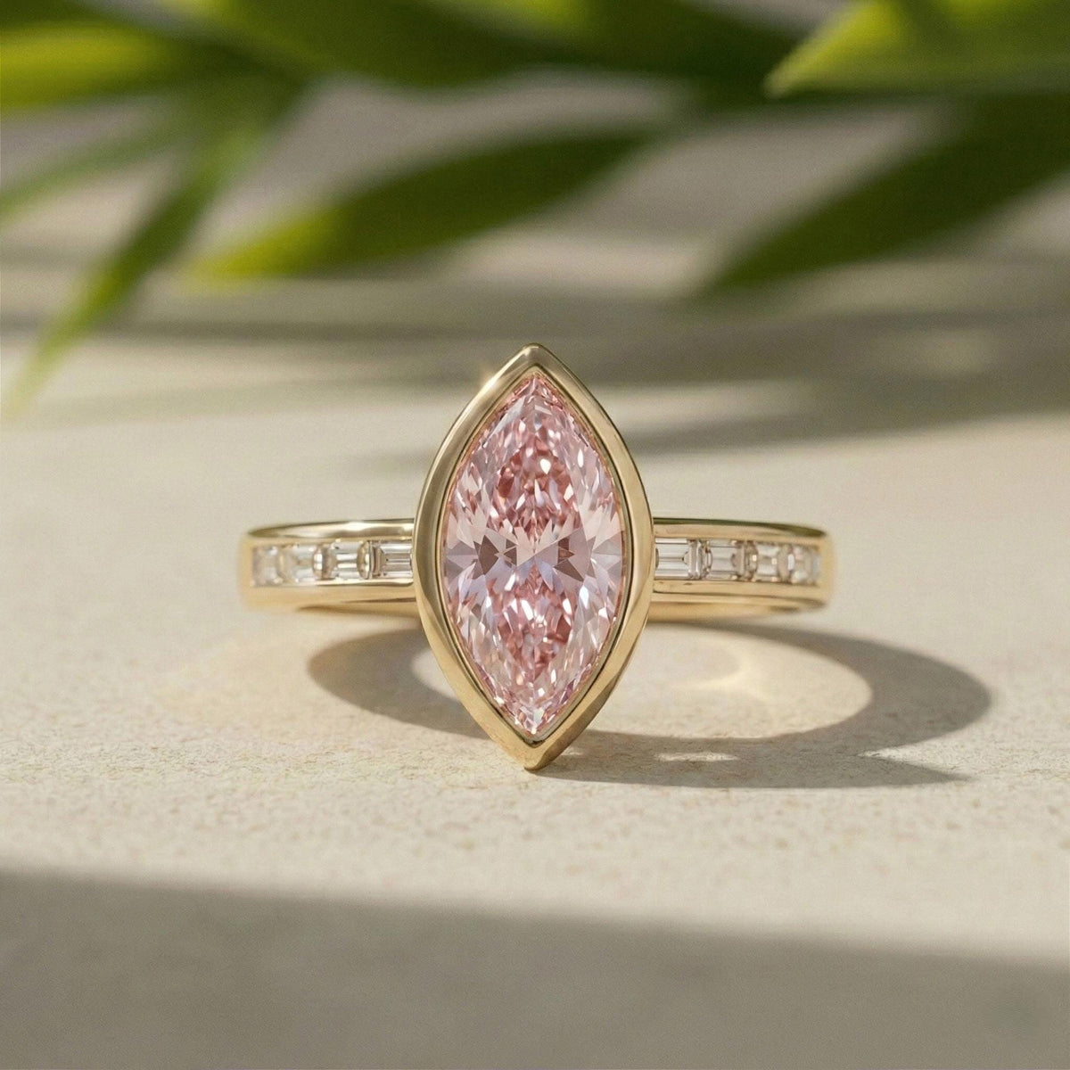 Marquise Pink Lab-Grown Diamond Engagement Ring, 14K Yellow Gold, Baguette Accents