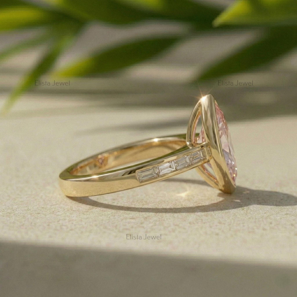 Marquise Pink Lab-Grown Diamond Engagement Ring, 14K Yellow Gold, Baguette Accents