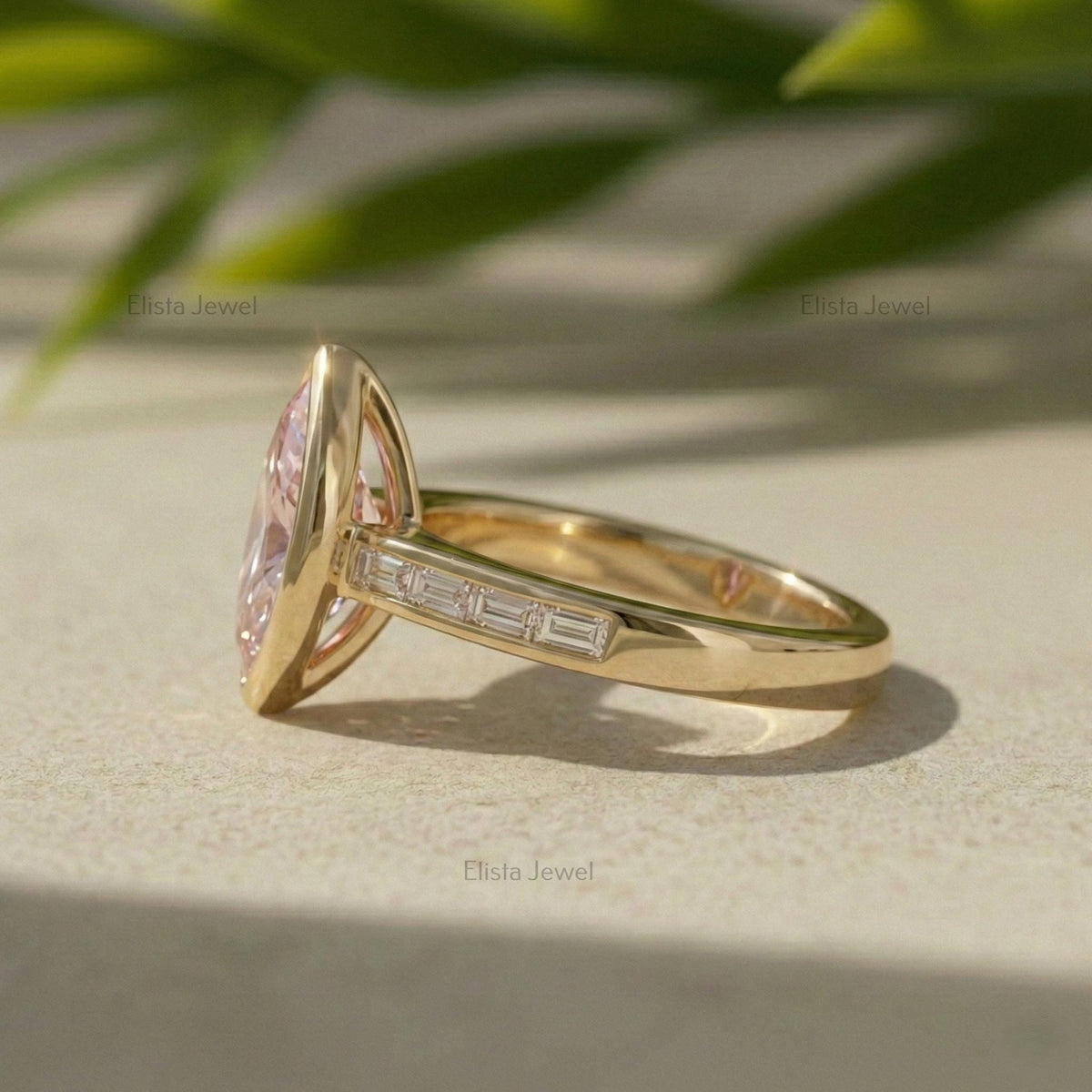 Marquise Pink Lab-Grown Diamond Engagement Ring, 14K Yellow Gold, Baguette Accents