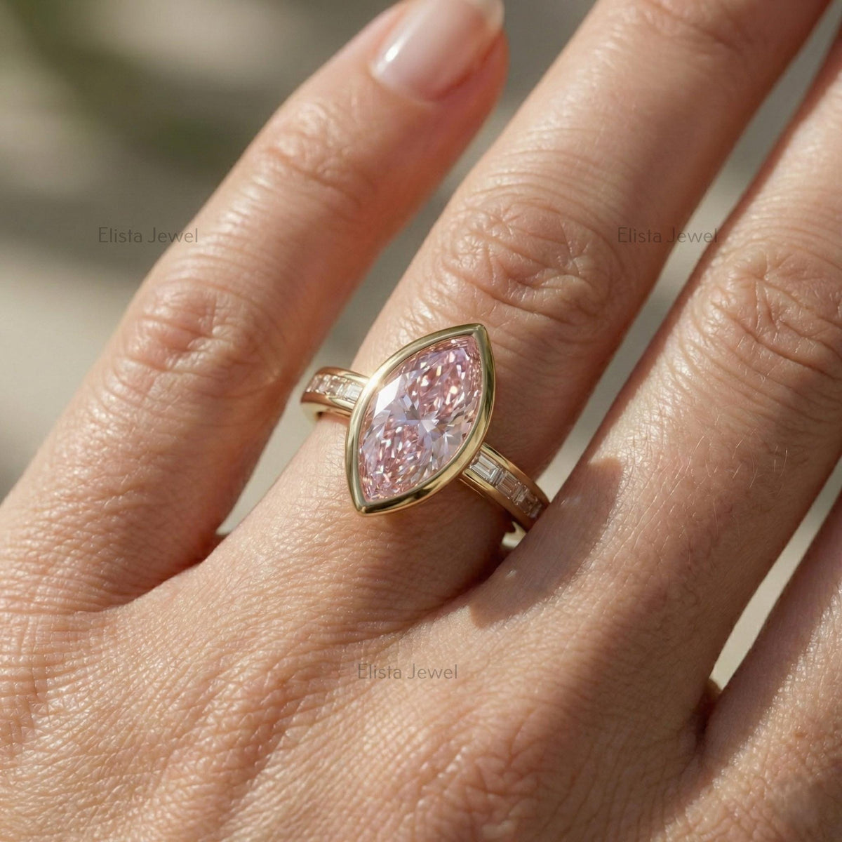 Marquise Pink Lab-Grown Diamond Engagement Ring, 14K Yellow Gold, Baguette Accents