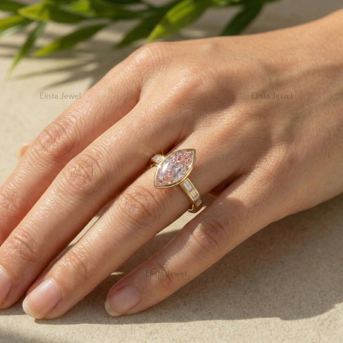 Marquise Pink Lab-Grown Diamond Engagement Ring, 14K Yellow Gold, Baguette Accents