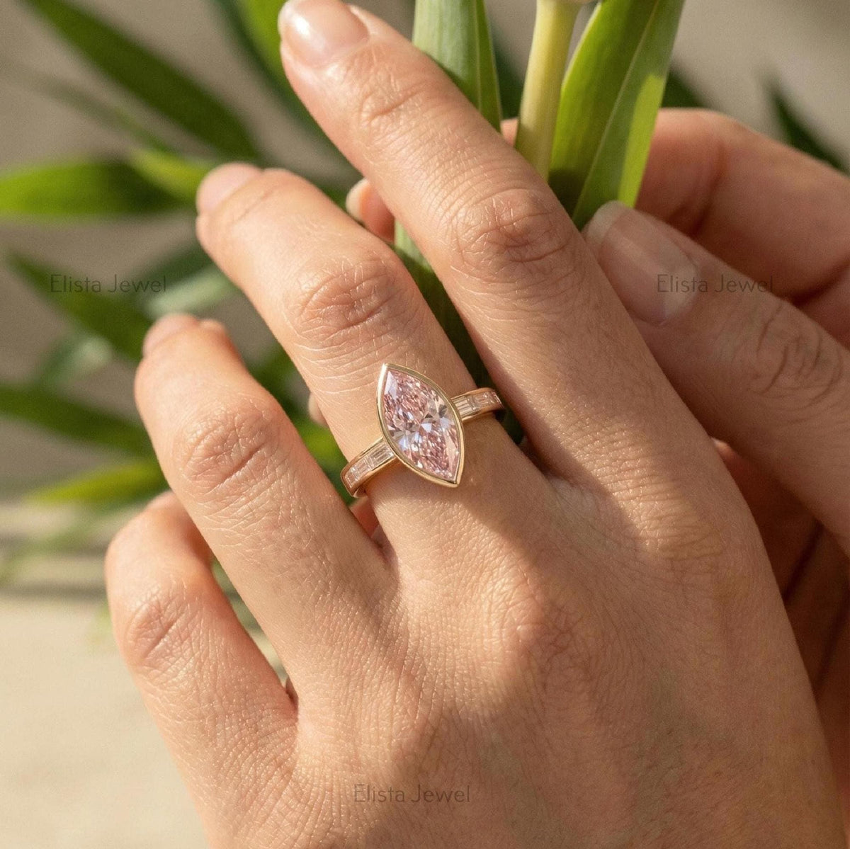 Marquise Pink Lab-Grown Diamond Engagement Ring, 14K Yellow Gold, Baguette Accents