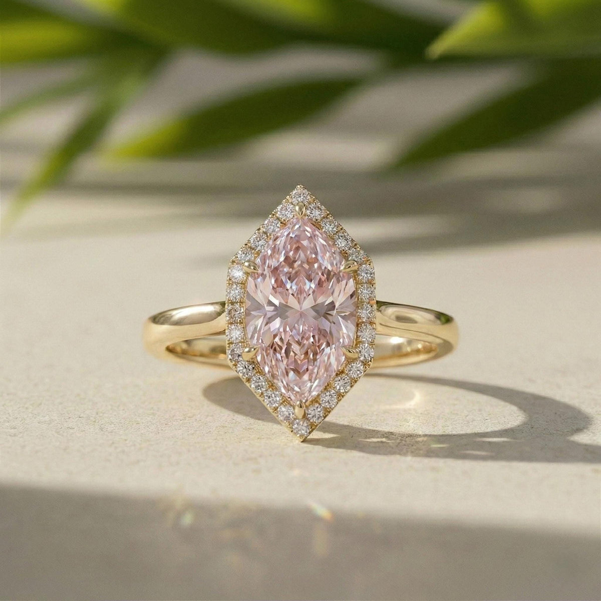 Marquise Pink Lab Grown Diamond Halo Engagement Ring In 14K Solid Yellow Gold