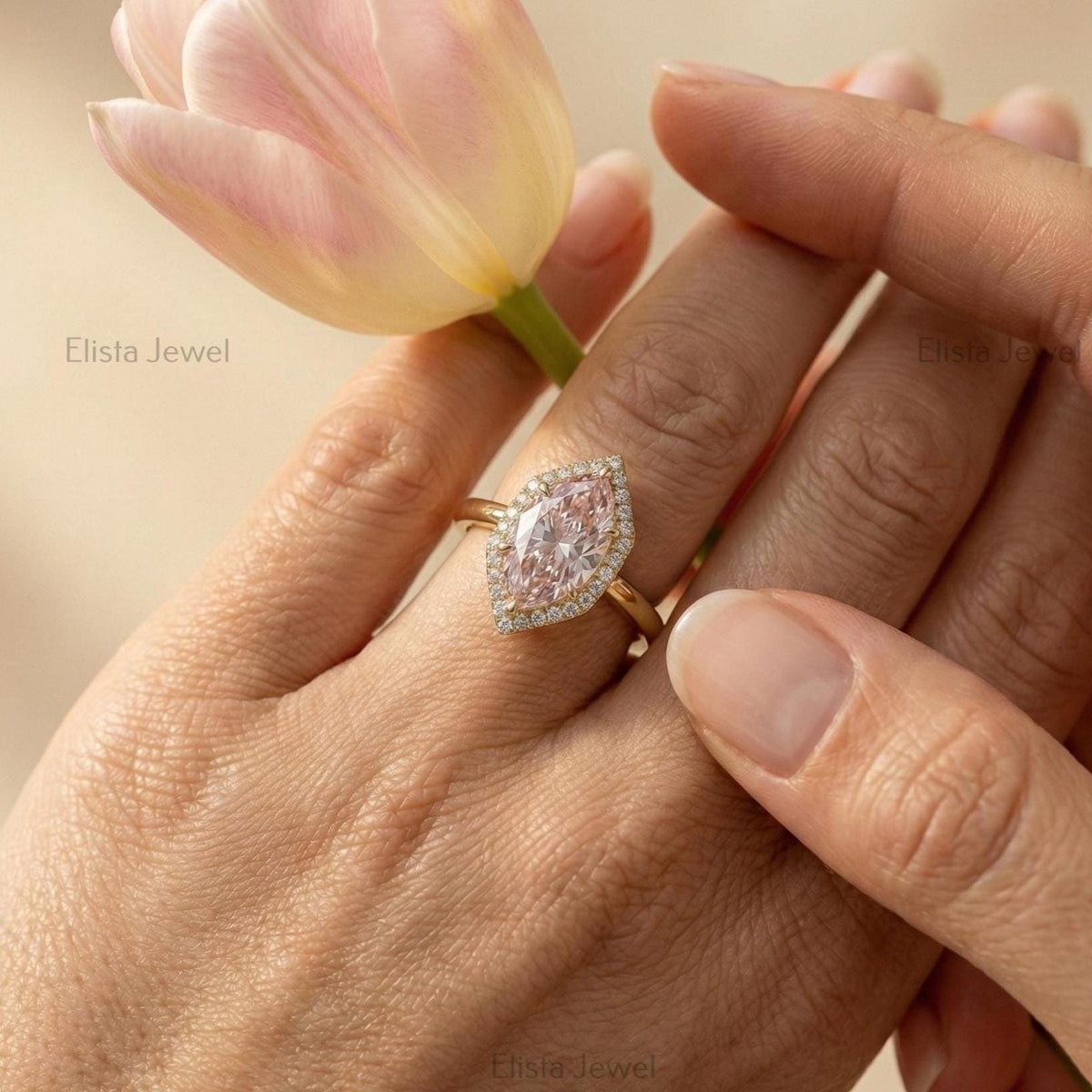 Marquise Pink Lab Grown Diamond Halo Engagement Ring In 14K Solid Yellow Gold
