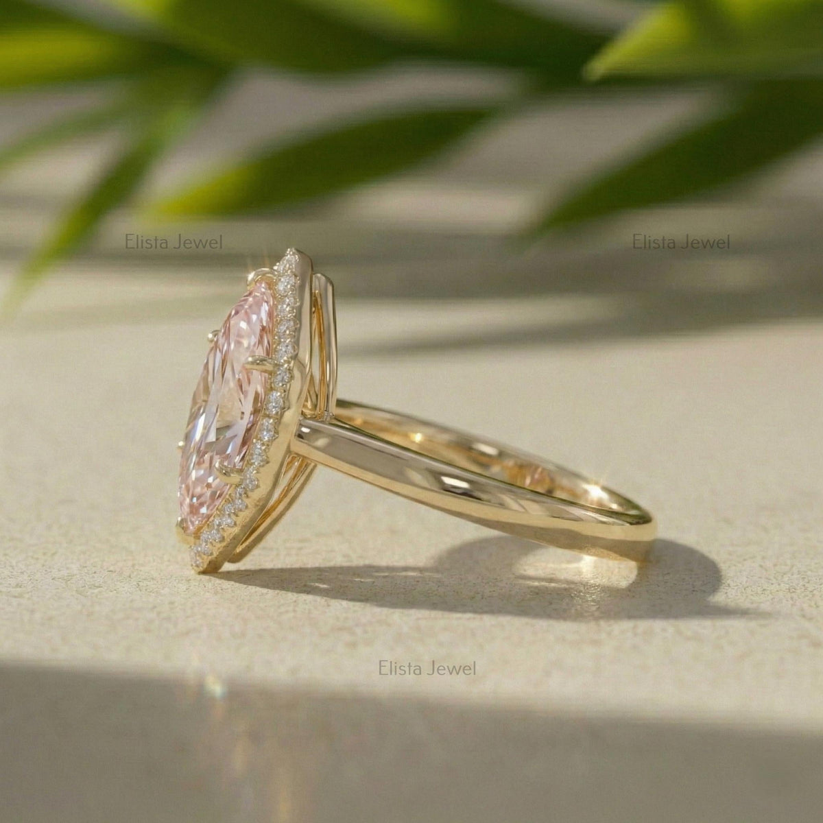 Marquise Pink Lab Grown Diamond Halo Engagement Ring In 14K Solid Yellow Gold