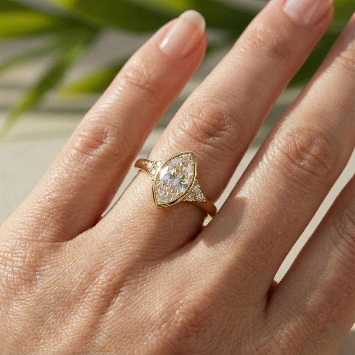 Marquise Ring Lab Diamond Engagement, 18K Yellow Gold Beze Set Accent Stones