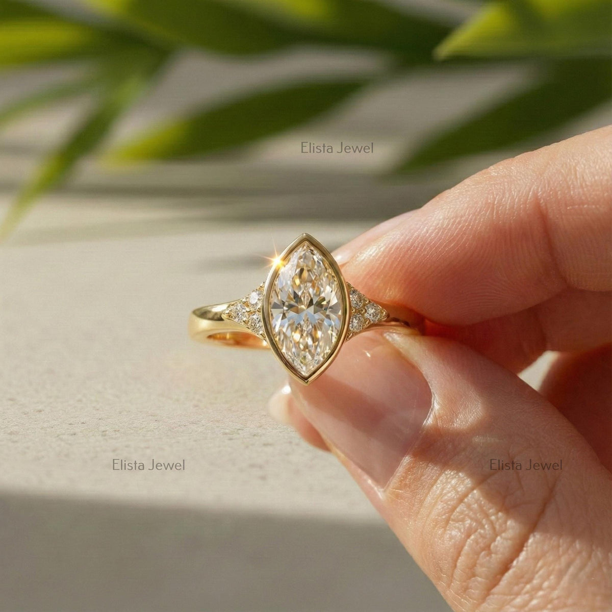 Marquise Ring Lab Diamond Engagement, 18K Yellow Gold Beze Set Accent Stones