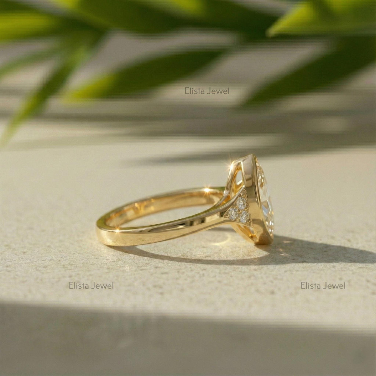 Marquise Ring Lab Diamond Engagement, 18K Yellow Gold Beze Set Accent Stones