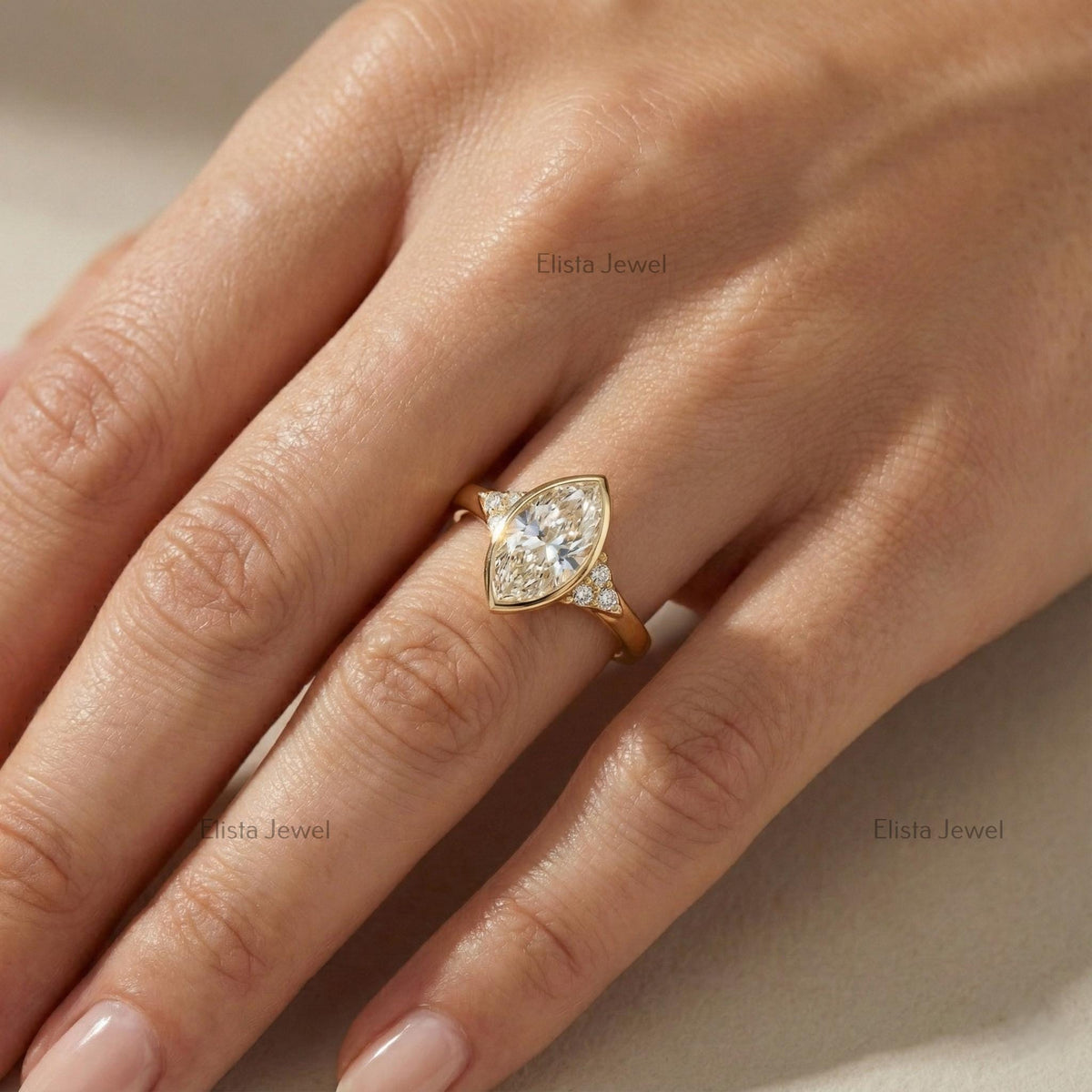 Marquise Ring Lab Diamond Engagement, 18K Yellow Gold Beze Set Accent Stones
