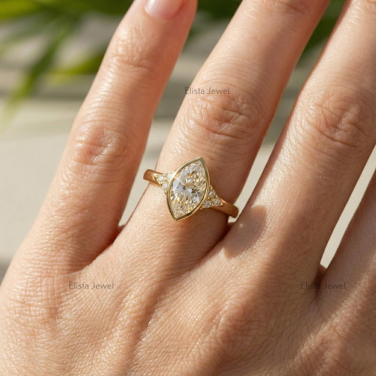 Marquise Ring Lab Diamond Engagement, 18K Yellow Gold Beze Set Accent Stones