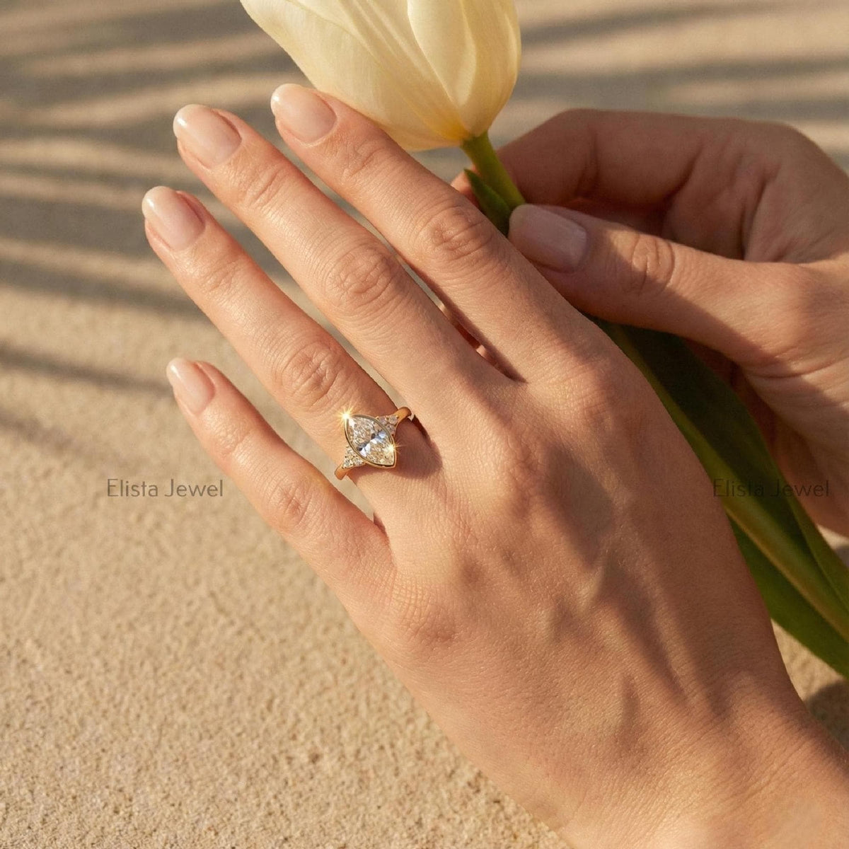 Marquise Ring Lab Diamond Engagement, 18K Yellow Gold Beze Set Accent Stones