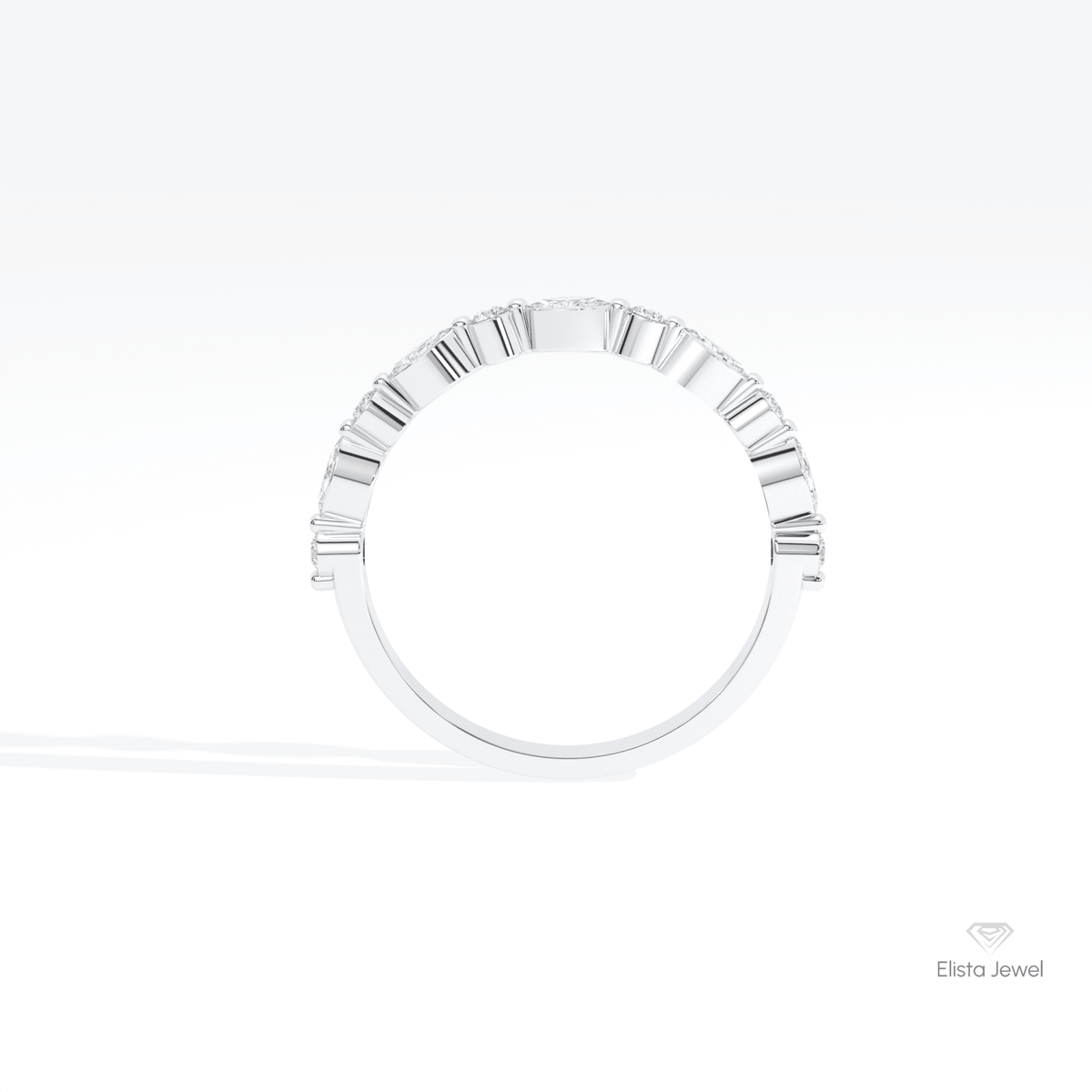 Marquise & Round Cut Half Eternity Lab Grown Diamond Band in 18K White Gold - Close-up View