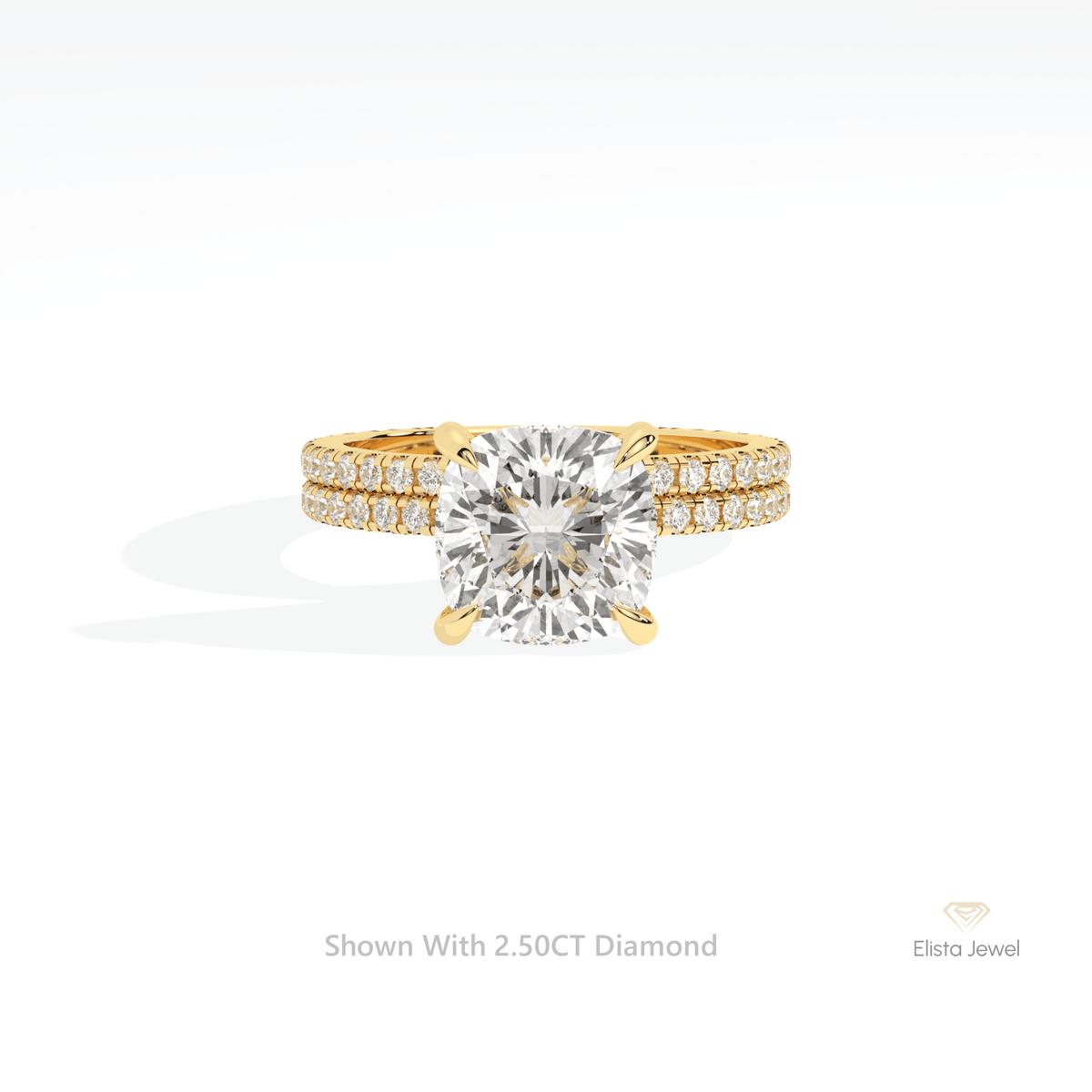 Matching Lab Grown Diamond Band With Cushion Cut Lab Grown Diamond Ring Set in 18K Rose Gold - Ring on Hand View