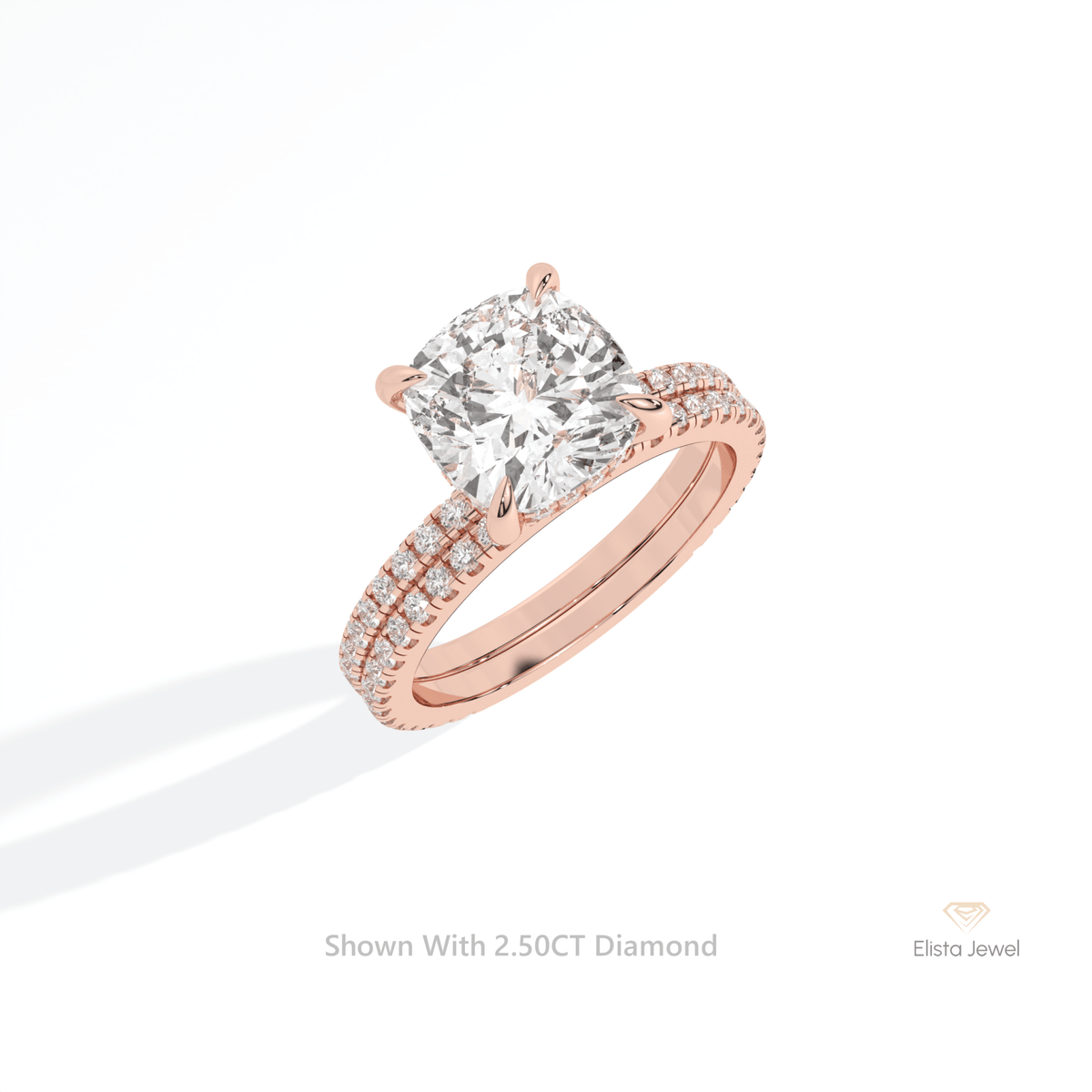 Matching Lab Grown Diamond Band With Cushion Cut Lab Grown Diamond Ring Set in 10K Yellow Gold - Side View