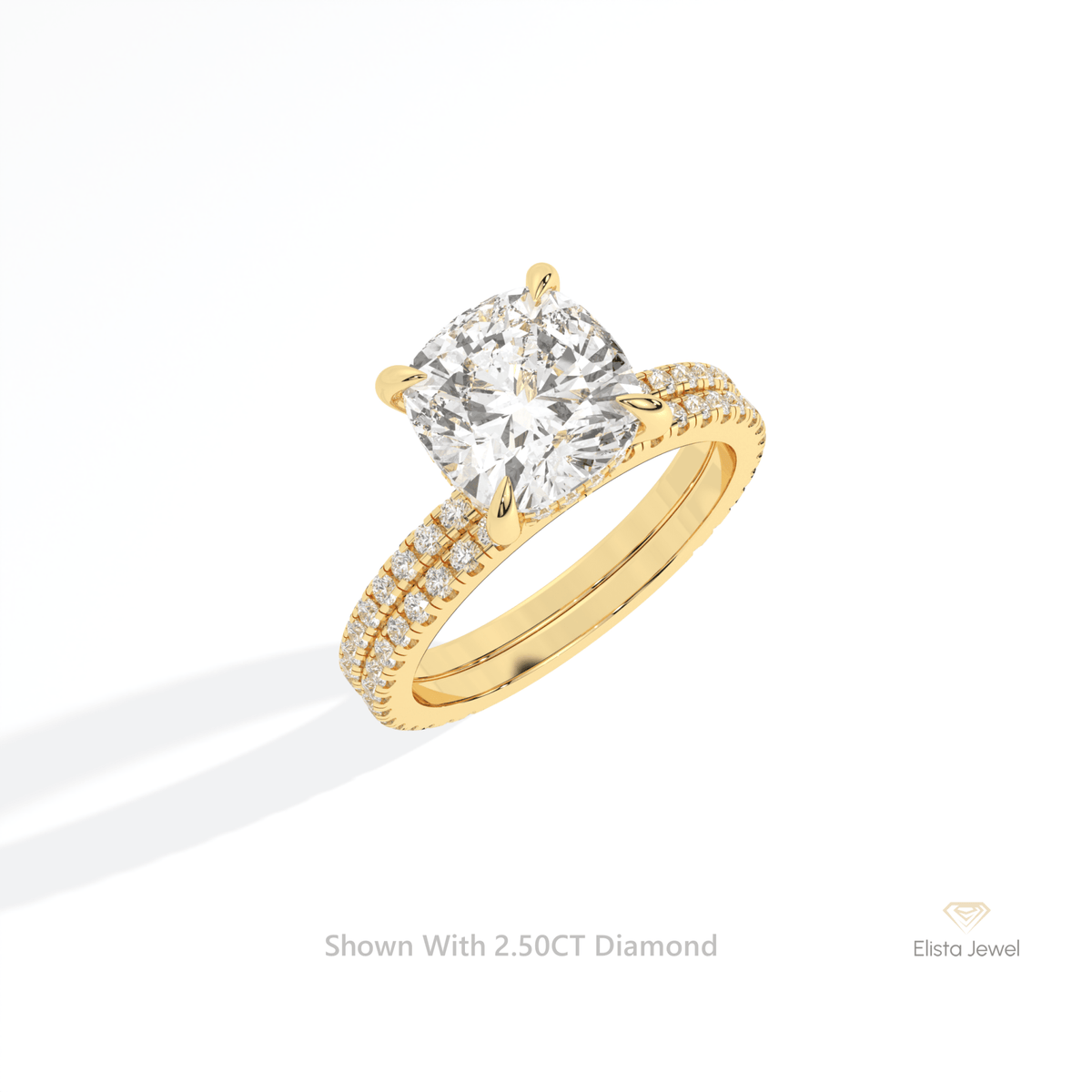 Matching Lab Grown Diamond Band With Cushion Cut Lab Grown Diamond Ring Set in Platinum - Lifestyle View