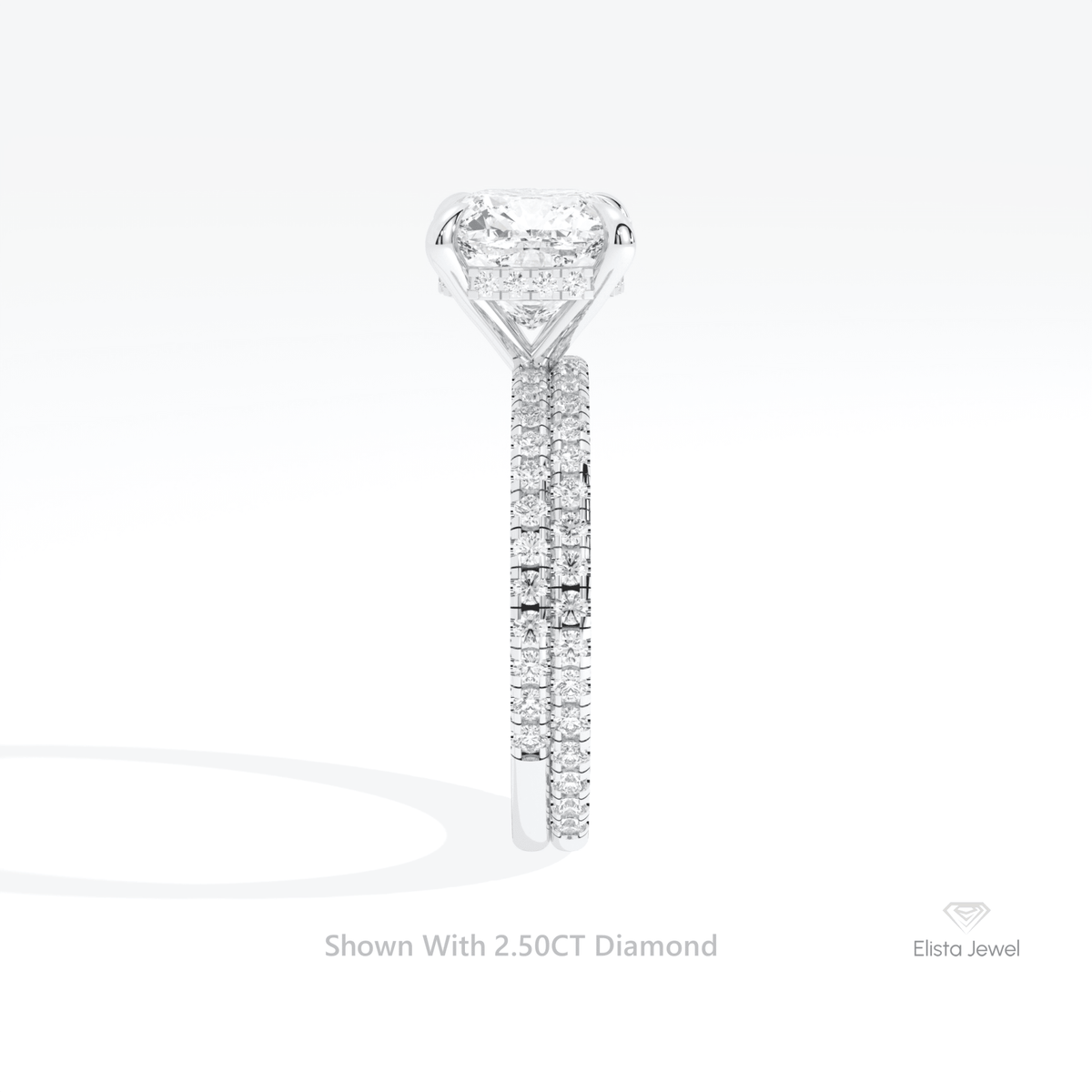 Matching Lab Grown Diamond Band With Cushion Cut Lab Grown Diamond Ring Set in 18K Yellow Gold - Perspective View