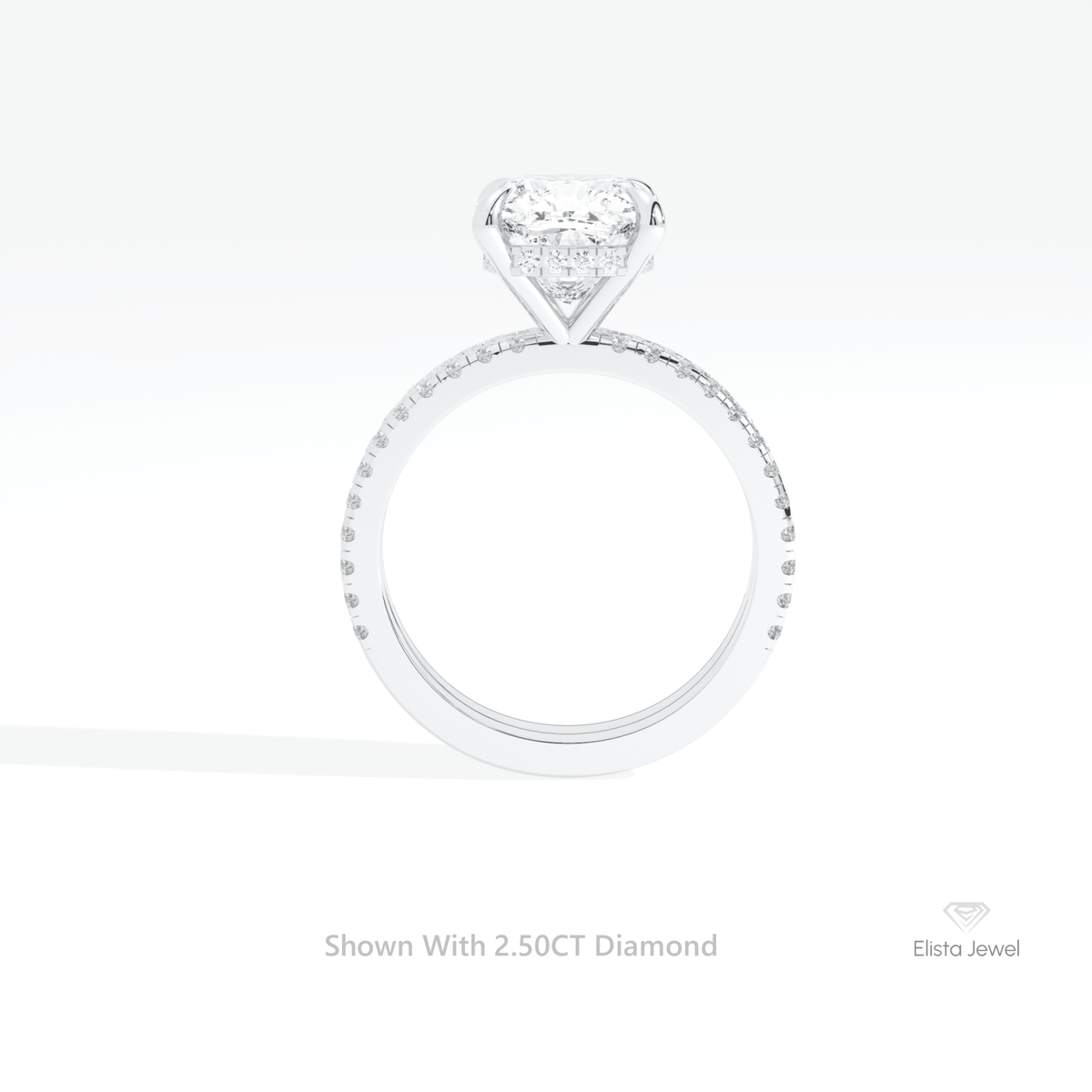 Matching Lab Grown Diamond Band With Cushion Cut Lab Grown Diamond Ring Set in 18K White Gold - Close-up View