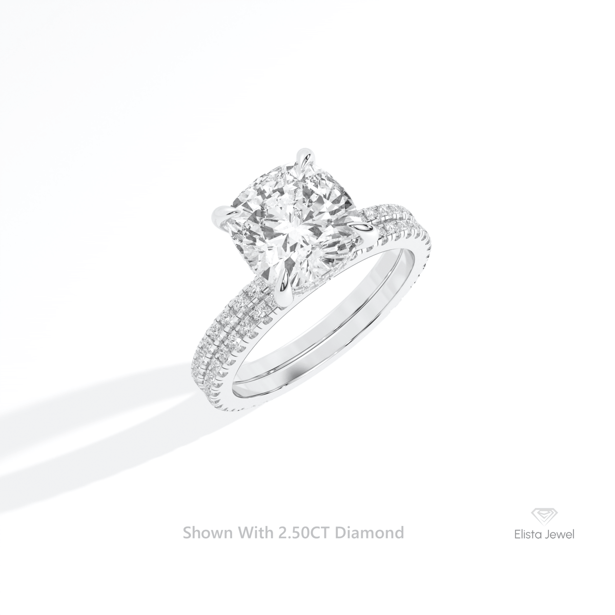 Matching Lab Grown Diamond Band With Cushion Cut Lab Grown Diamond Ring Set in 14K Rose Gold - Profile View