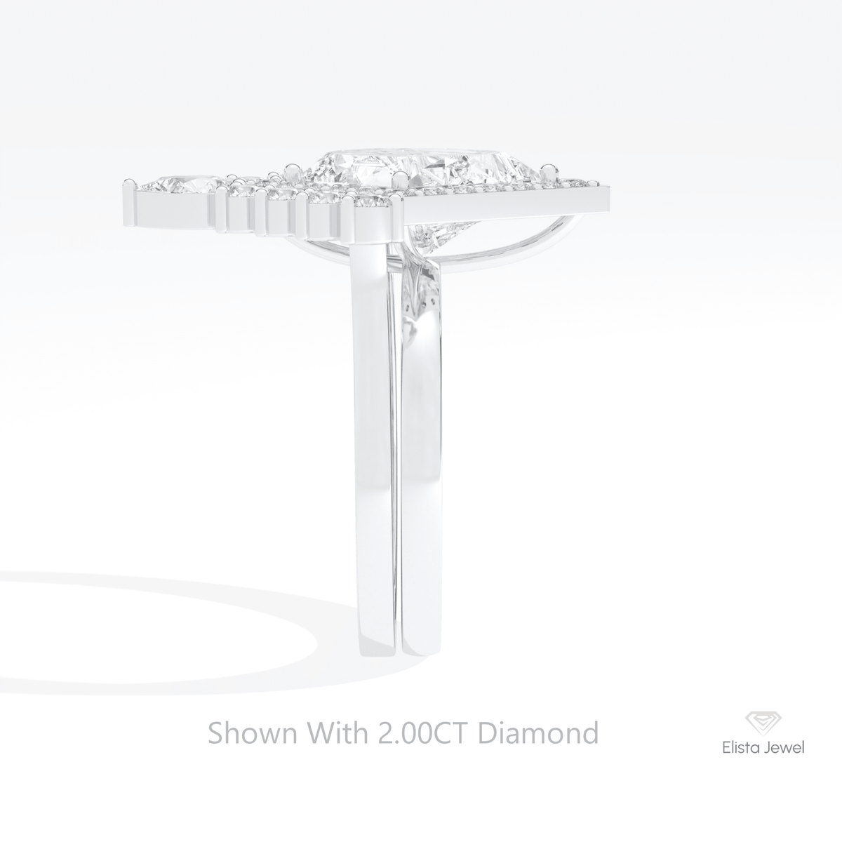 Matching Lab Grown Diamond Band With Kite Cut Halo Lab Grown Diamond Ring in 18K Yellow Gold - Perspective View