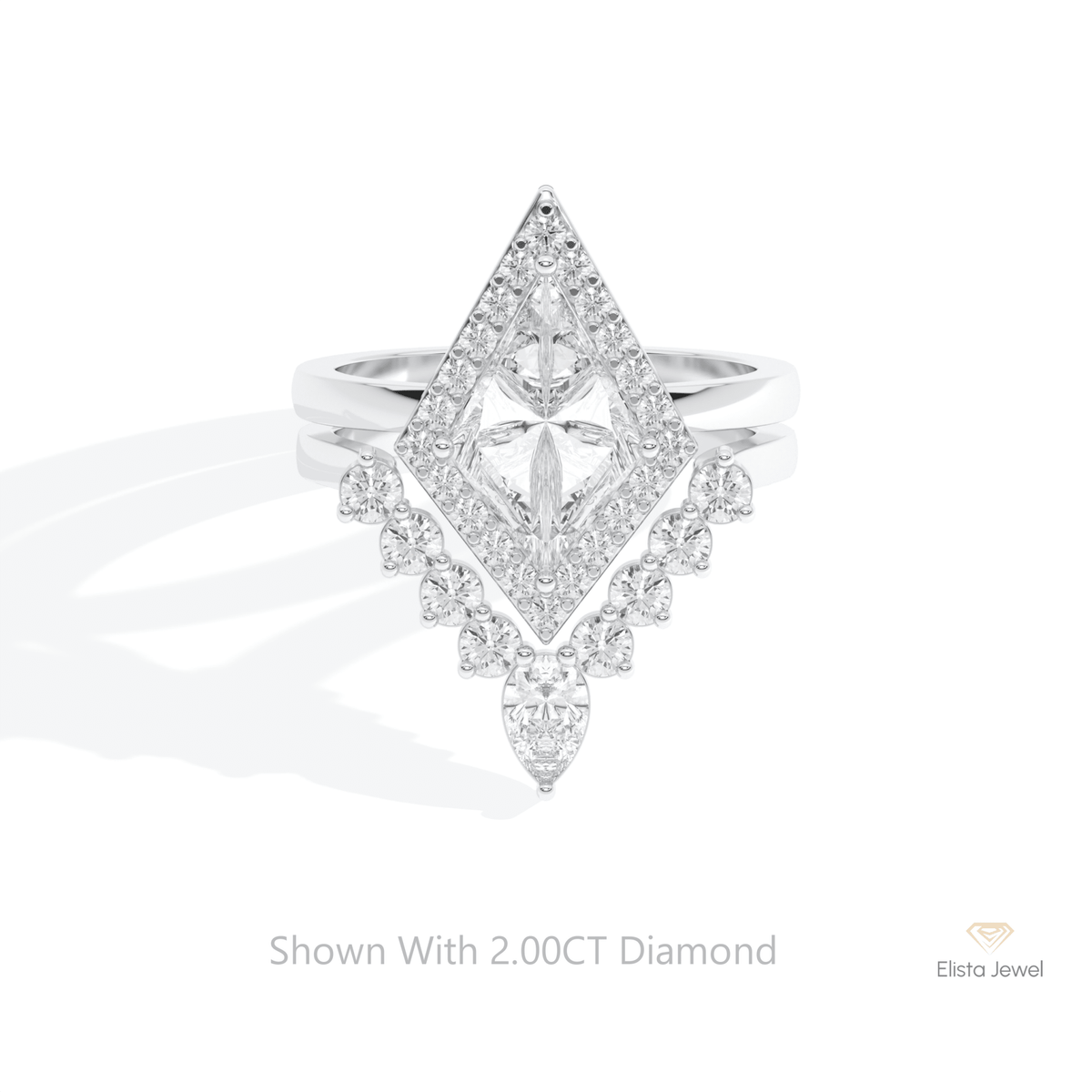 Matching Lab Grown Diamond Band With Kite Cut Halo Lab Grown Diamond Ring in 14K Yellow Gold - Detail View