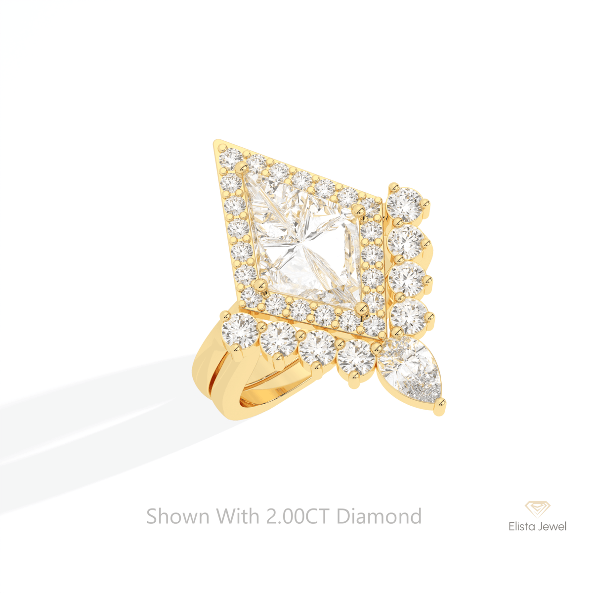 Matching Lab Grown Diamond Band With Kite Cut Halo Lab Grown Diamond Ring in Platinum - Lifestyle View