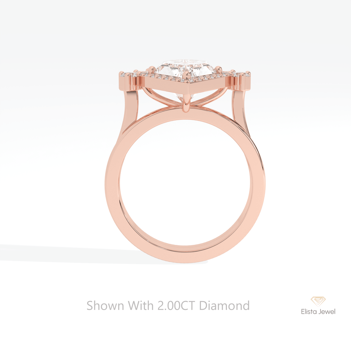 Matching Lab Grown Diamond Band With Kite Cut Halo Lab Grown Diamond Ring in 10K Rose Gold - Angled View