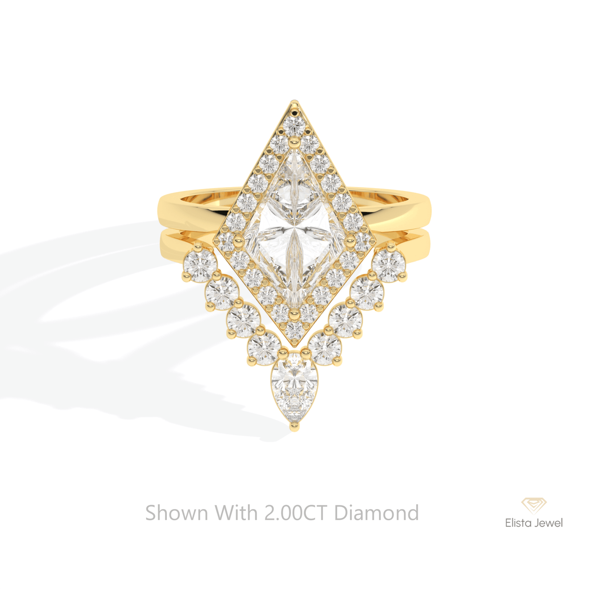 Matching Lab Grown Diamond Band With Kite Cut Halo Lab Grown Diamond Ring in 18K Rose Gold - Ring on Hand View