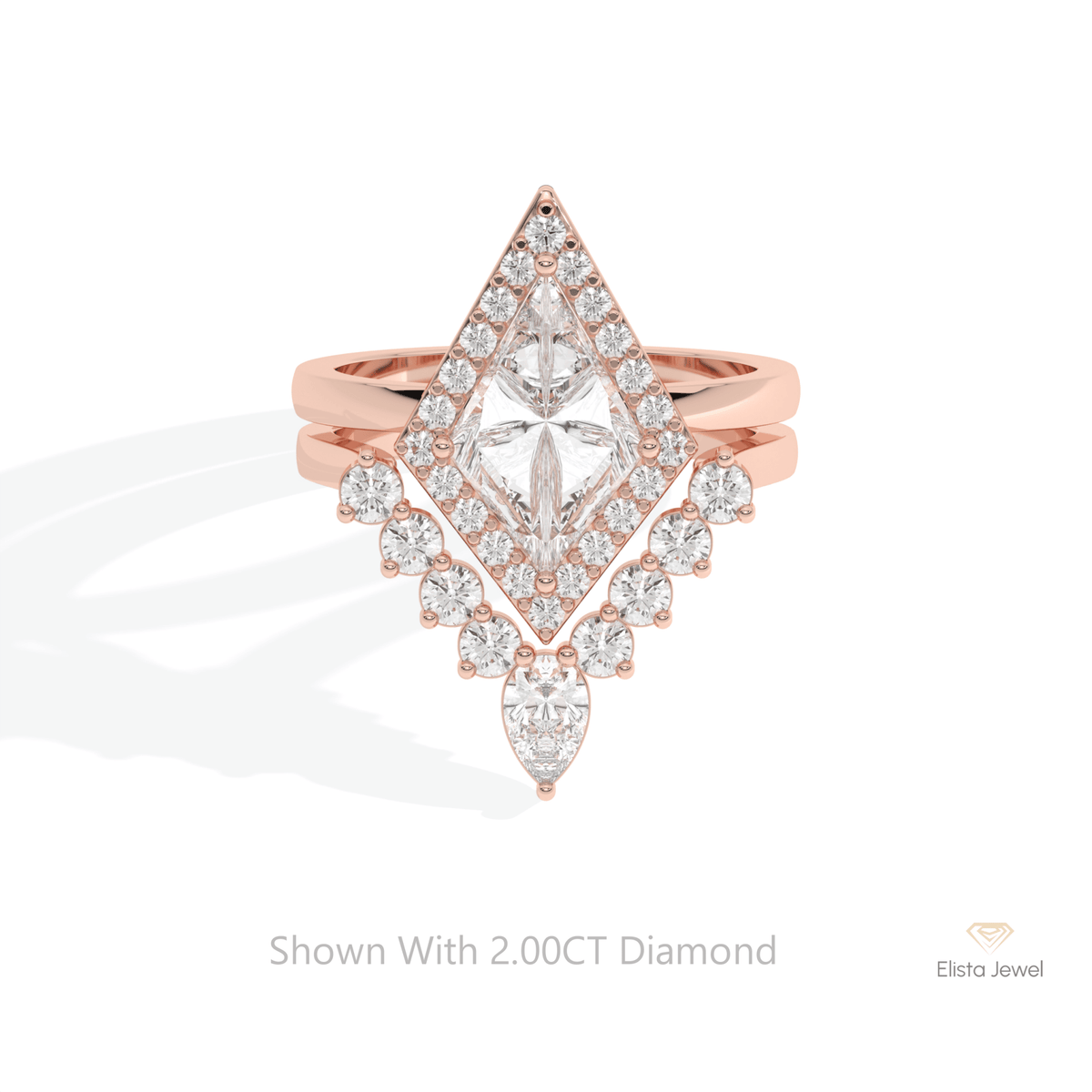 Matching Lab Grown Diamond Band With Kite Cut Halo Lab Grown Diamond Ring in 10K White Gold - Front View