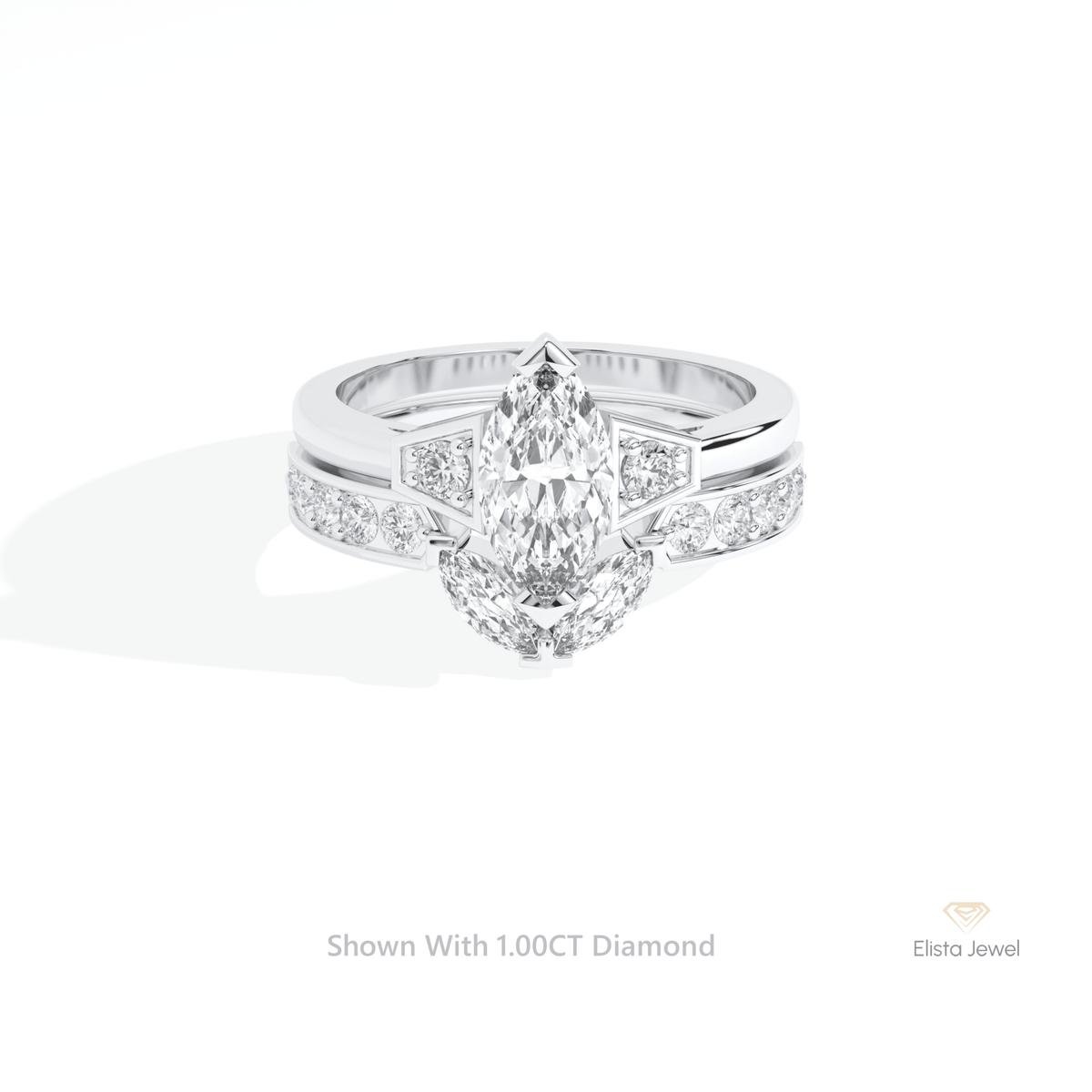 Matching Lab Grown Diamond Band With Marquise Cut Three Stone Lab Grown Diamond Ring Set in 14K Yellow Gold - Detail View