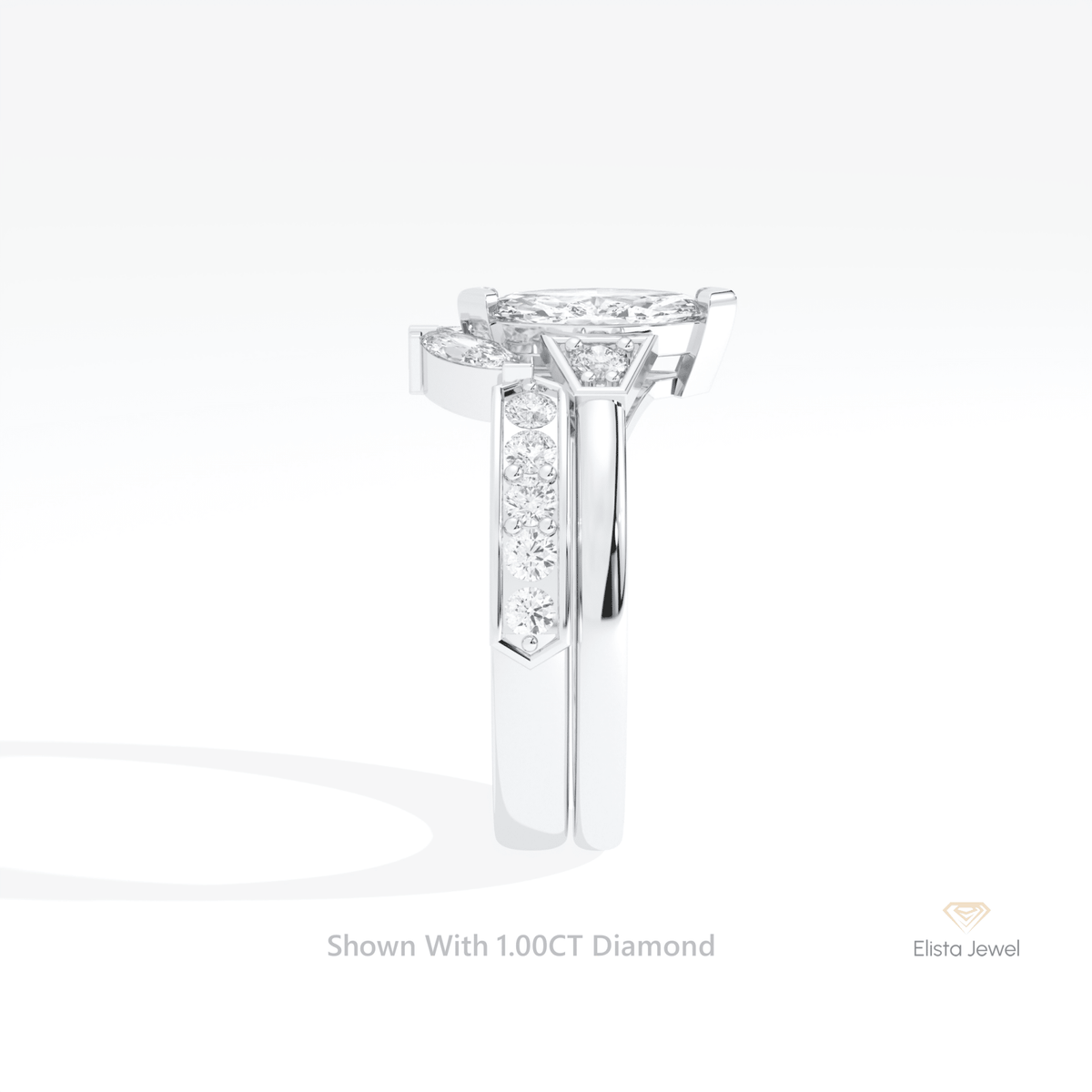 Matching Lab Grown Diamond Band With Marquise Cut Three Stone Lab Grown Diamond Ring Set in 18K Yellow Gold...