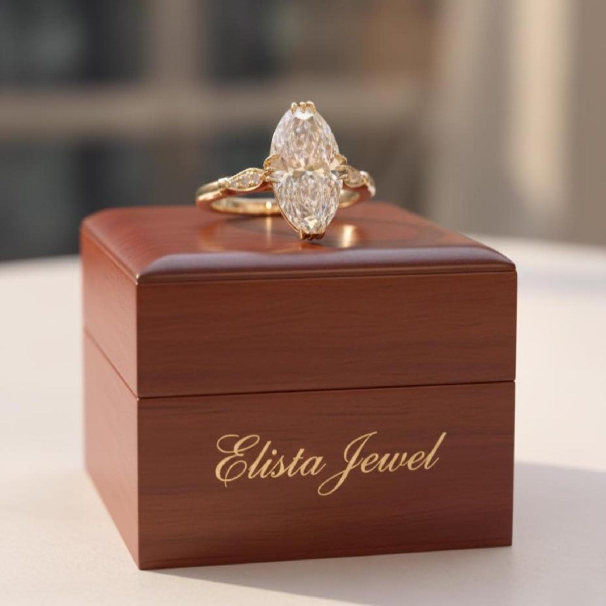 Marquise Diamond Leaf Ring Lab-Grown Engagement 14K Gold Pavé Accents