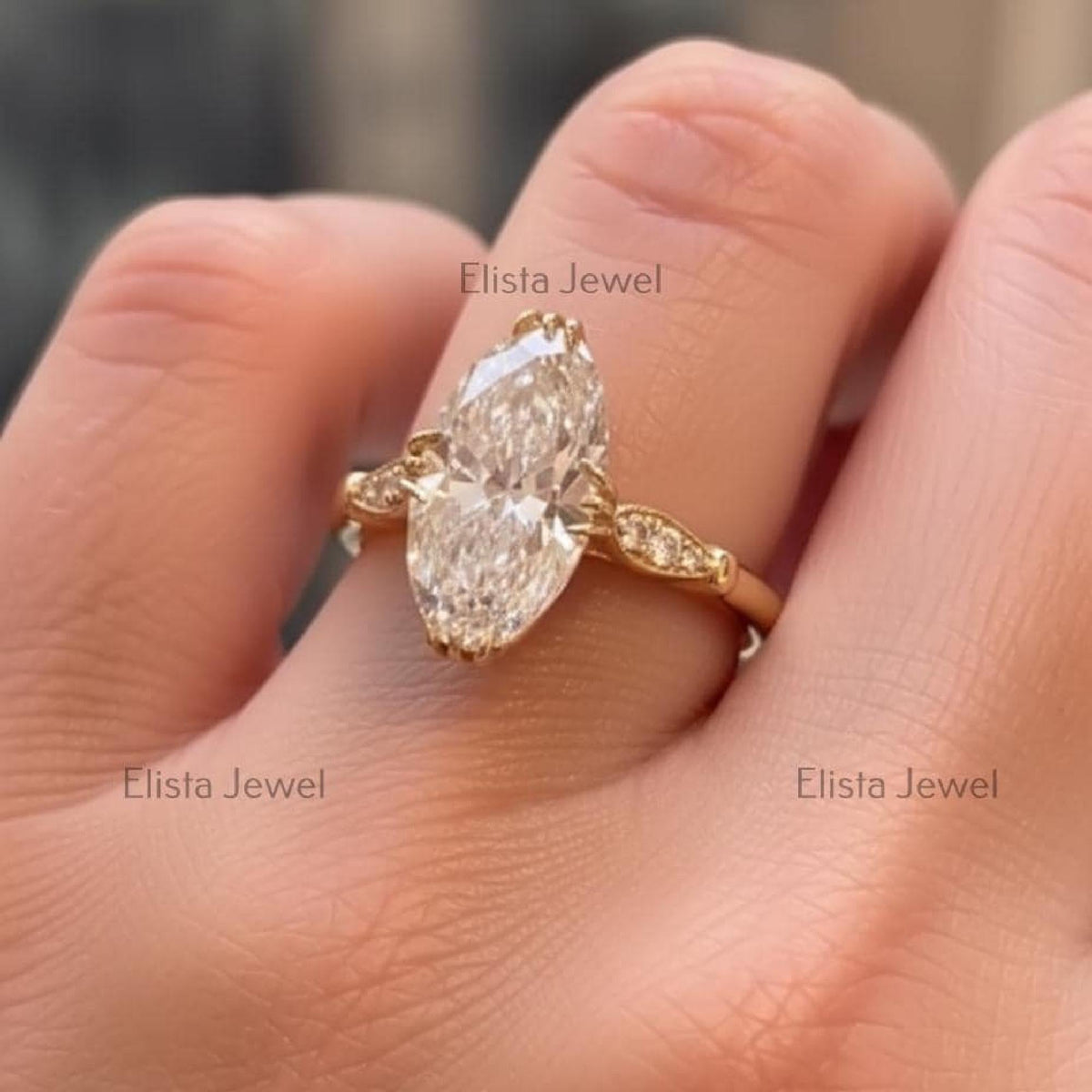 Marquise Diamond Leaf Ring Lab-Grown Engagement 14K Gold Pavé Accents